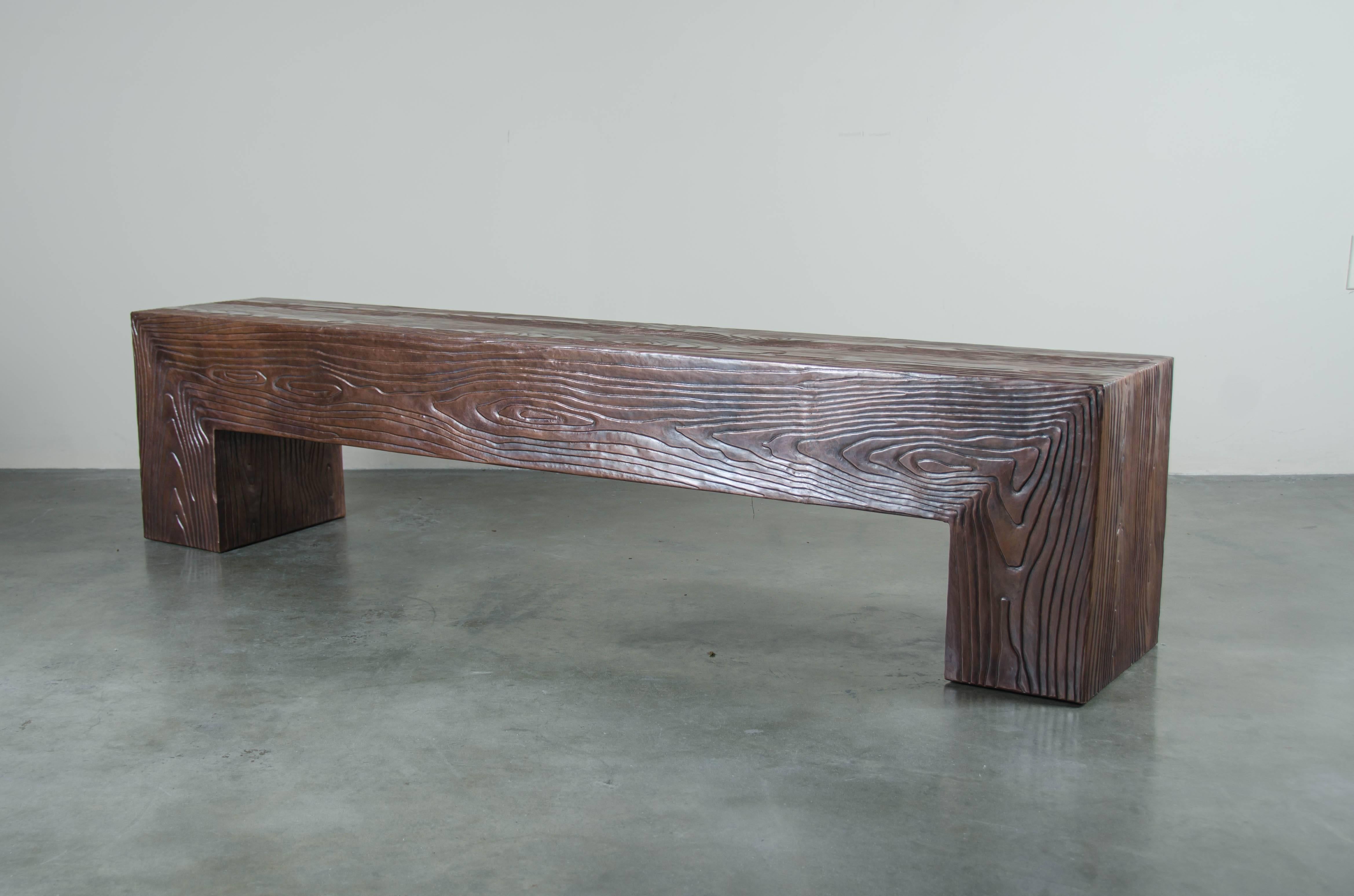 Repoussé Long Woodgrain Bench - Antique Copper by Robert Kuo, Limited Edition For Sale