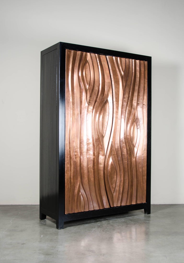 Repoussé Da Tree Trunk Cabinet - Antique Copper by Robert Kuo, Limited Edition, in Stock For Sale