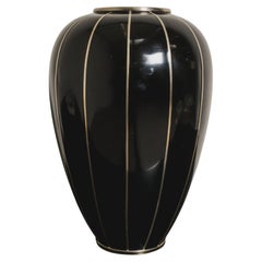Contemporary Black Lacquer Baluster Vase with White Bronze Stripes by Robert Kuo