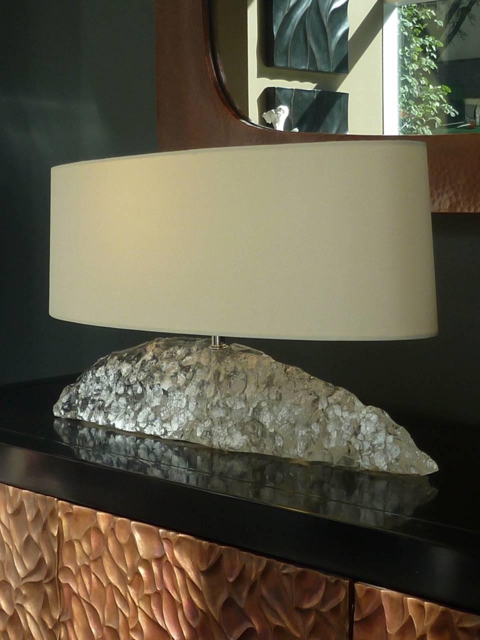 Crystal Fish Shape Lamp, One of a Kind, Hand-Carved Crystal, Silk Shade In Excellent Condition In Los Angeles, CA