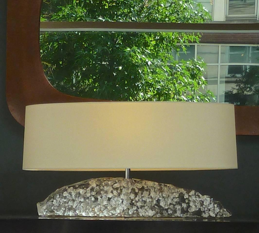 Contemporary Crystal Fish Shape Lamp, One of a Kind, Hand-Carved Crystal, Silk Shade
