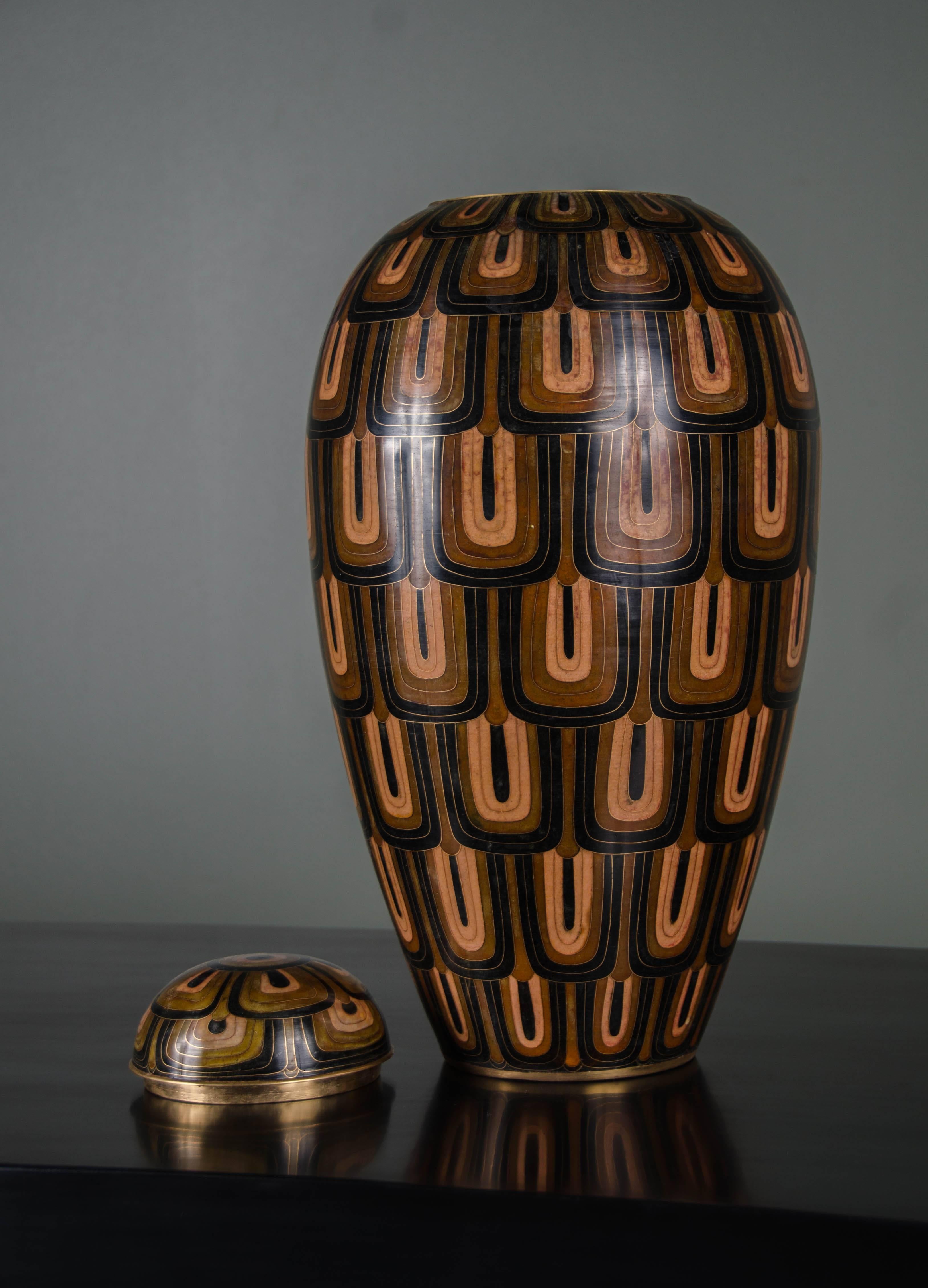 Baluster Jar & Lid
Fish Scale Design
Cloisonne
Amber, Brown, and Black
Hand Made
Limited Edition
 