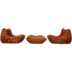 Pair of Vintage Ligne Roset Togo Leather Lounge Chairs with Pouf, France