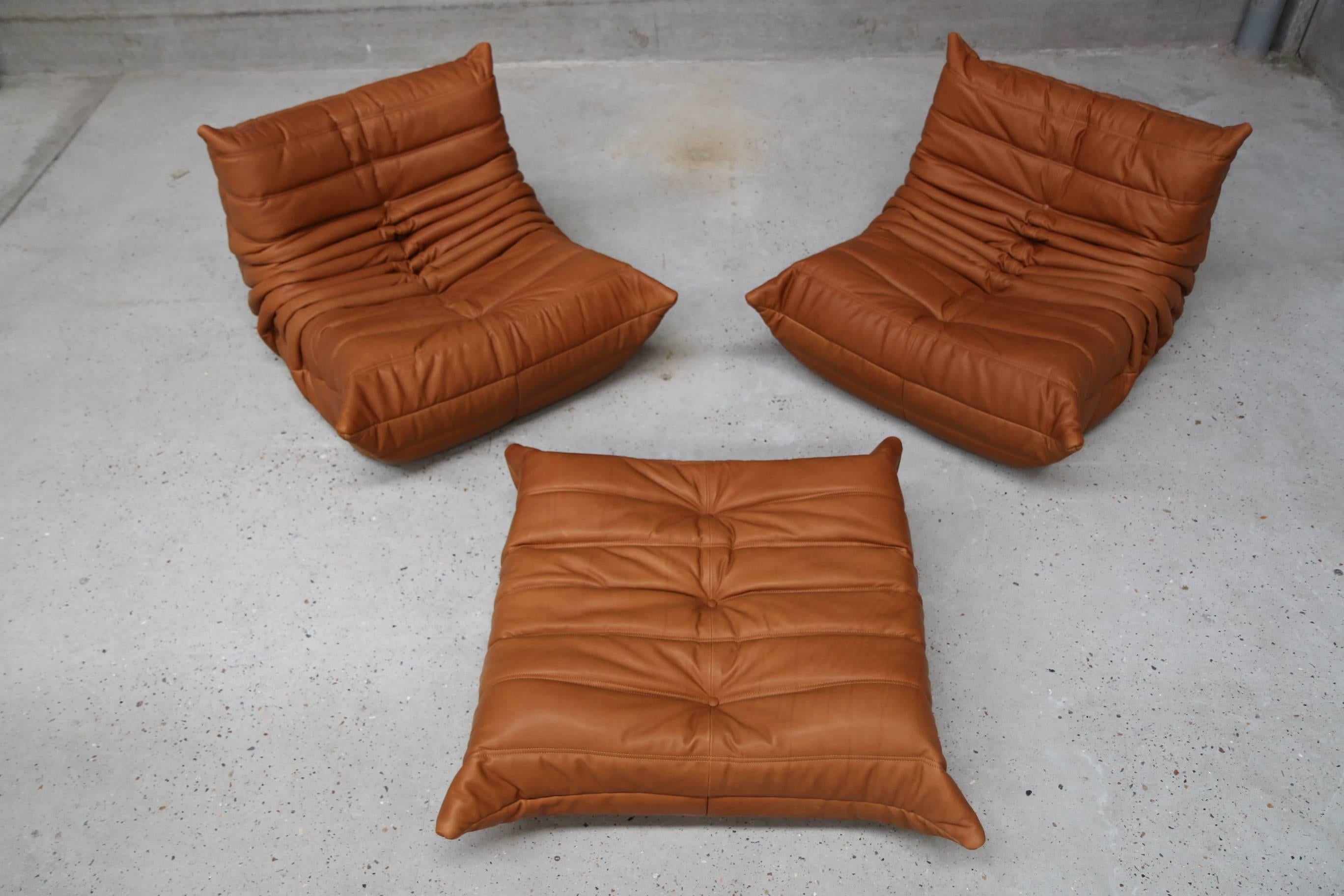 French Pair of Vintage Ligne Roset Togo Leather Lounge Chairs with Pouf, France