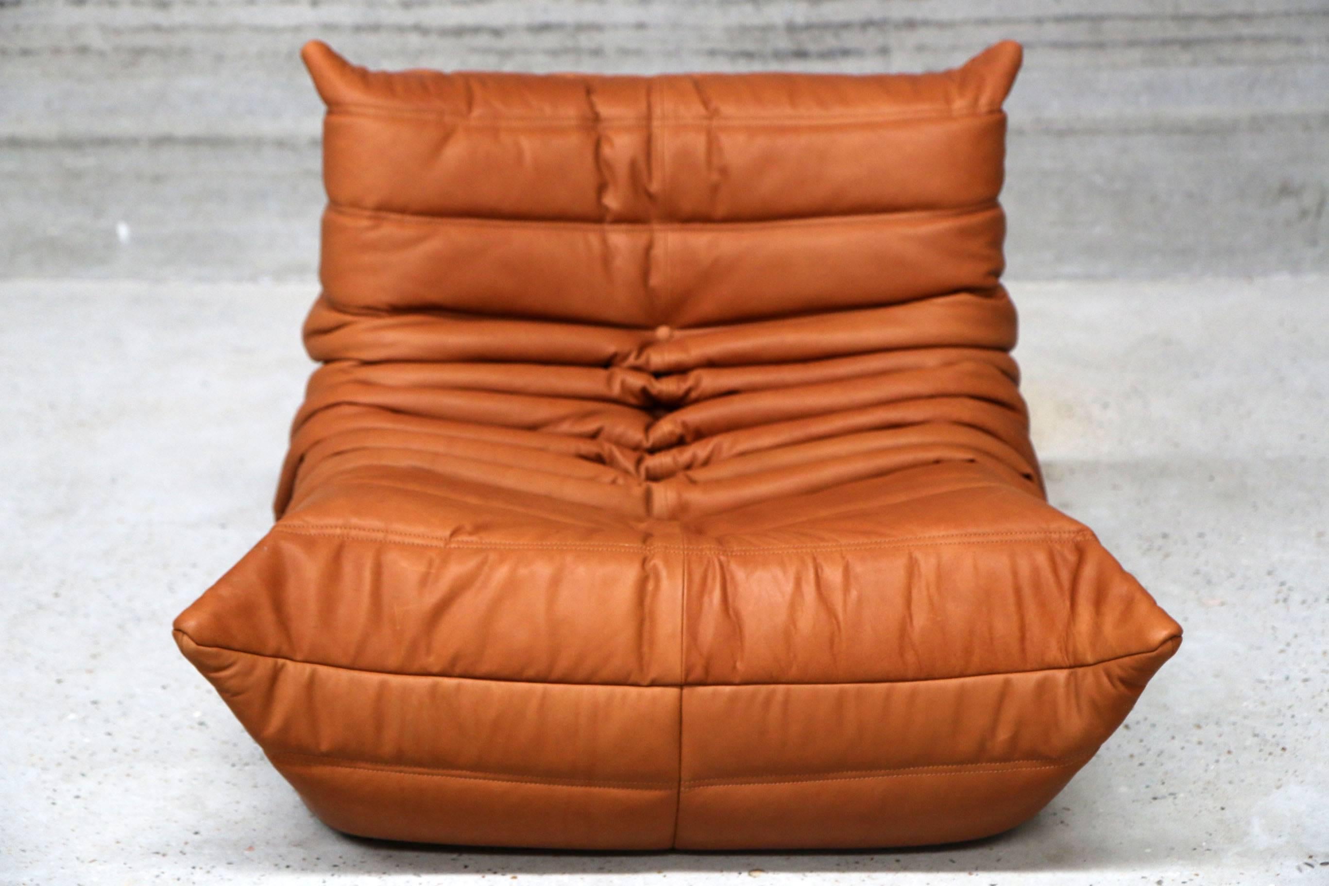 Late 20th Century Pair of Vintage Ligne Roset Togo Leather Lounge Chairs with Pouf, France