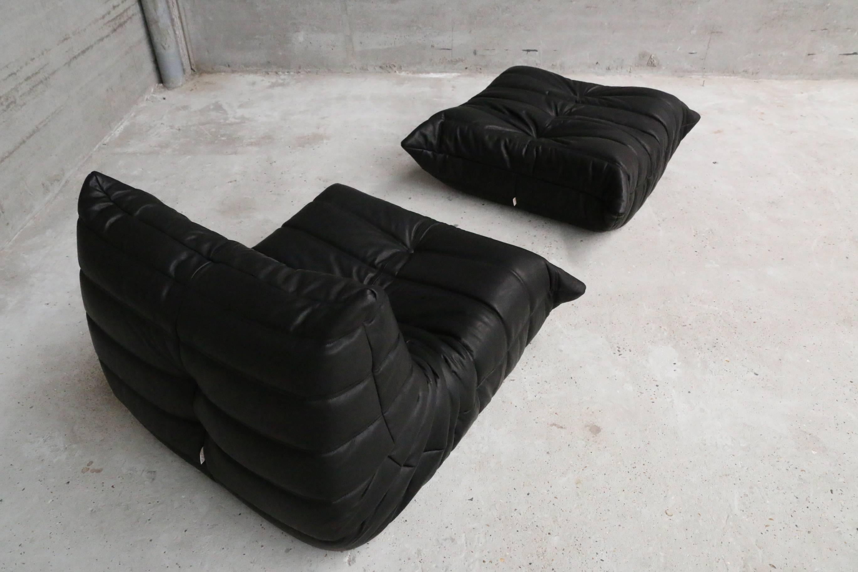 Black Leather Lounge Chair and Ottoman by Ligne Roset France Model Togo 2