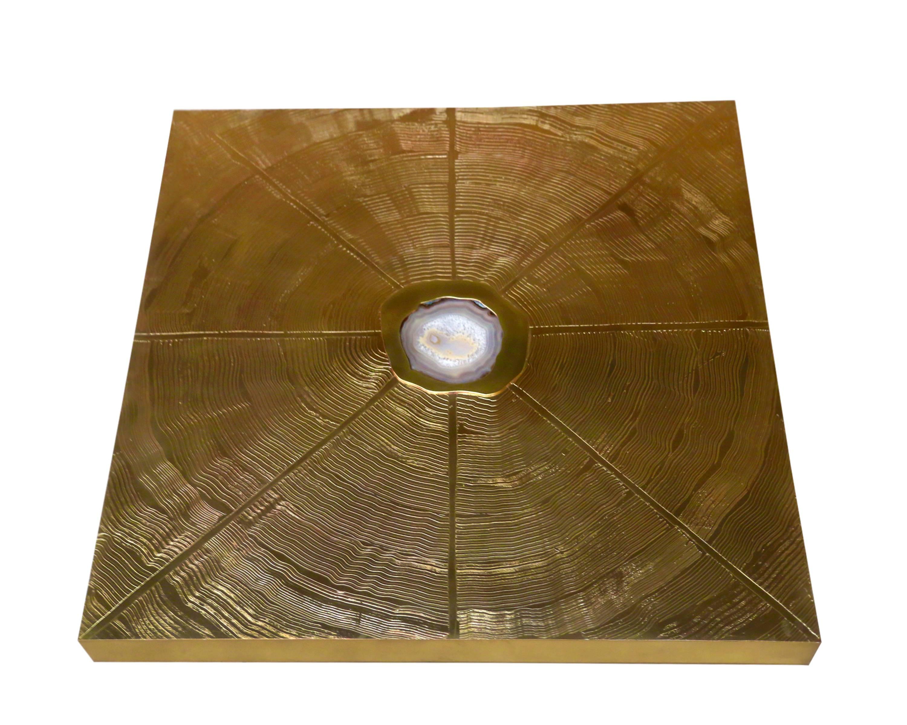 Post-Modern Signed brass Acid Etched and Agate Inset coffee table made in Belgium 