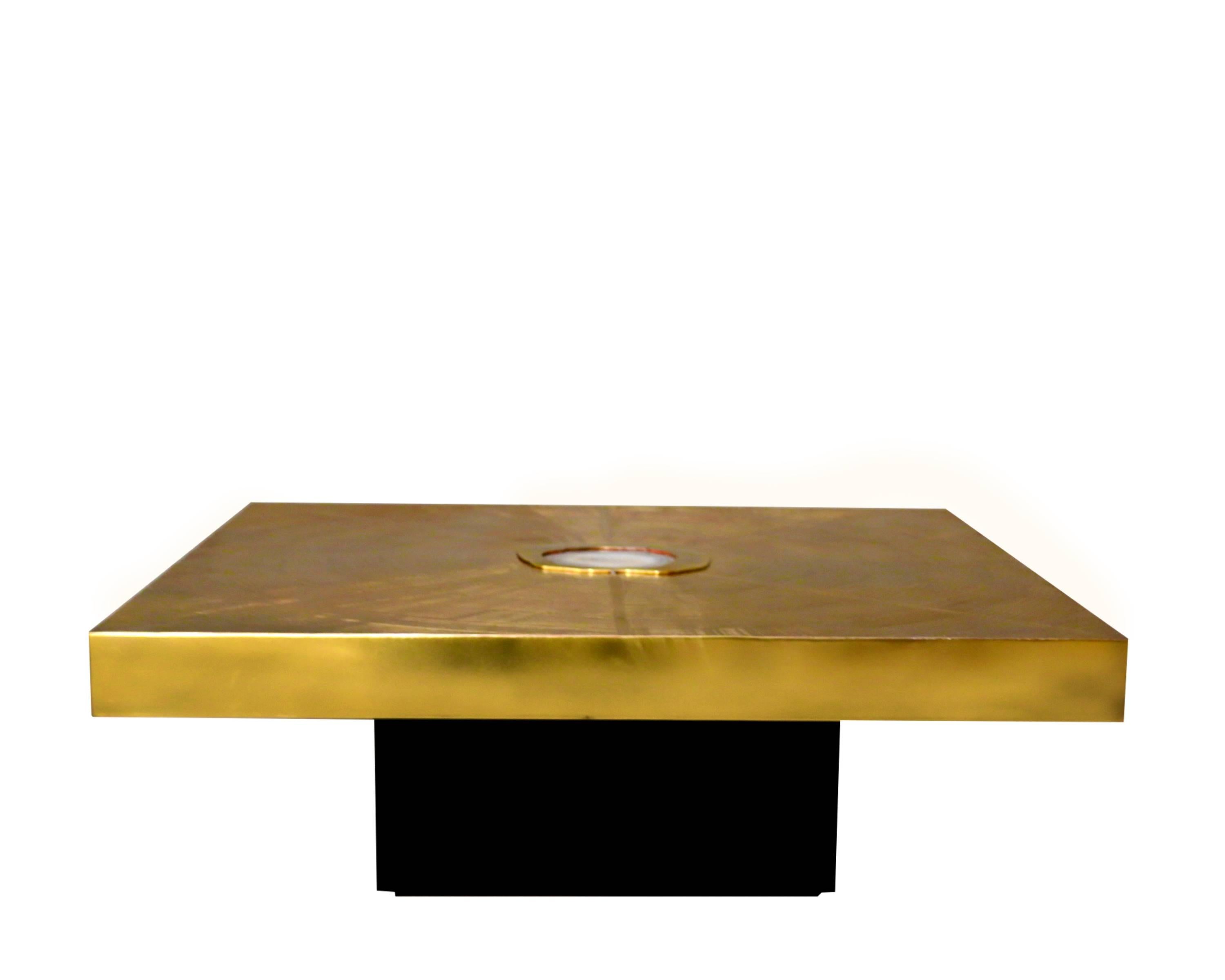 Belgian Signed brass Acid Etched and Agate Inset coffee table made in Belgium 
