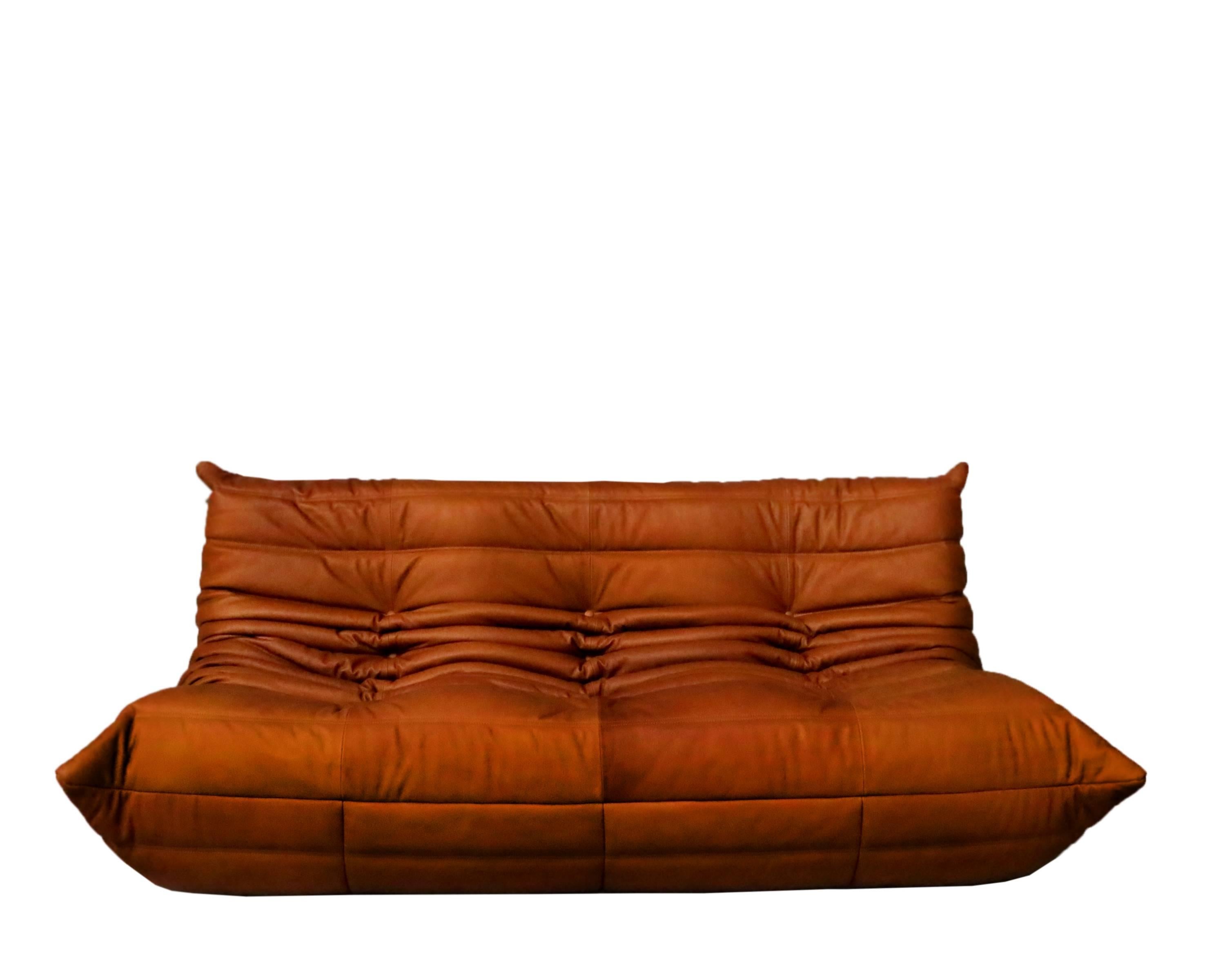 Order for Cognac Upholstered Set, including:
1 Three Seater
1 Two Seater
1 Single Seater
1 Pouf
2 Corner Pieces

Iconic French sofa set. Wonderful full grain cognac leather edition.
We only use our signature vintage Cognac or black high