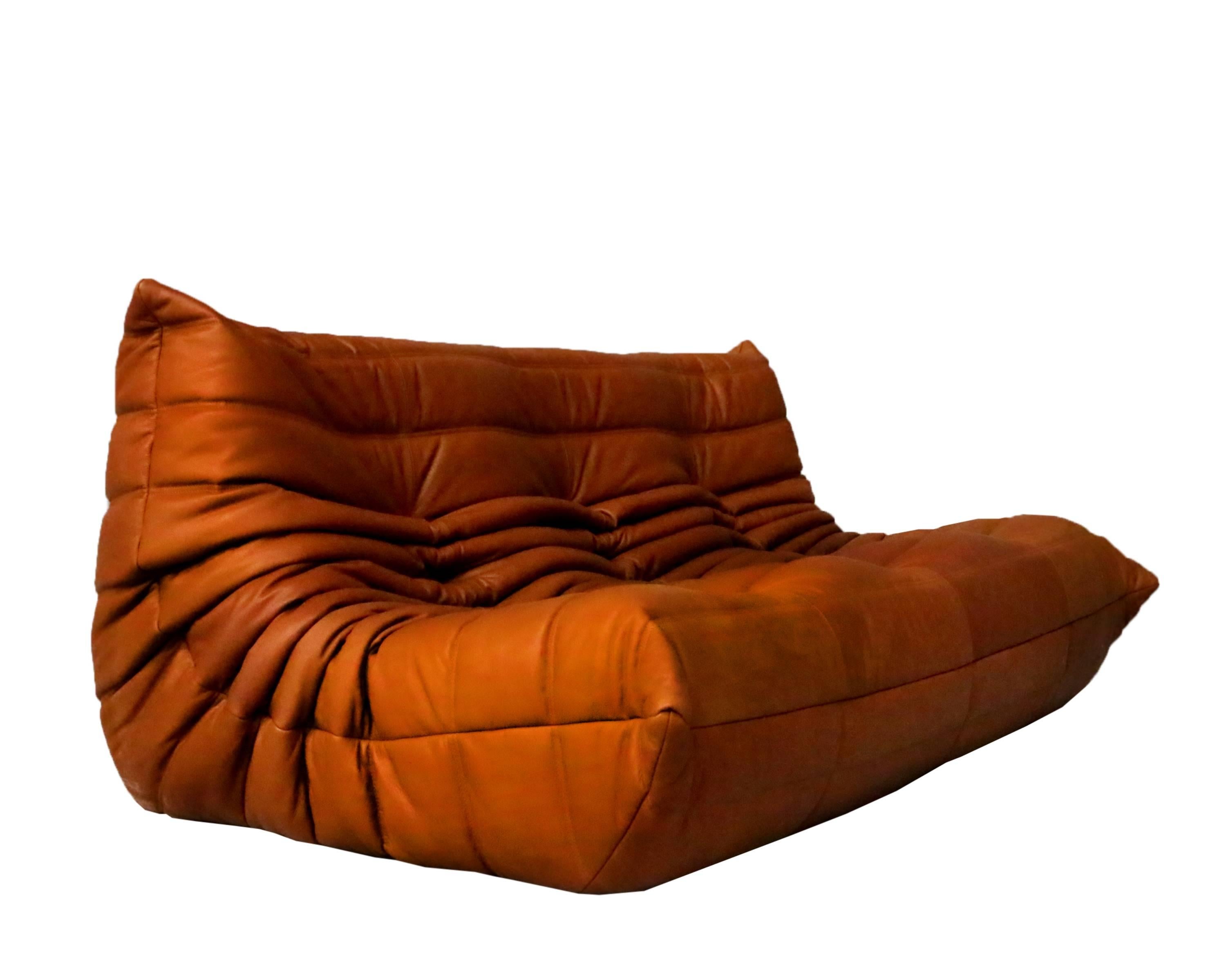 Post-Modern Cognac Leather Ligne Roset Togo Sofa Set, designed by Michel Ducaroy 1973