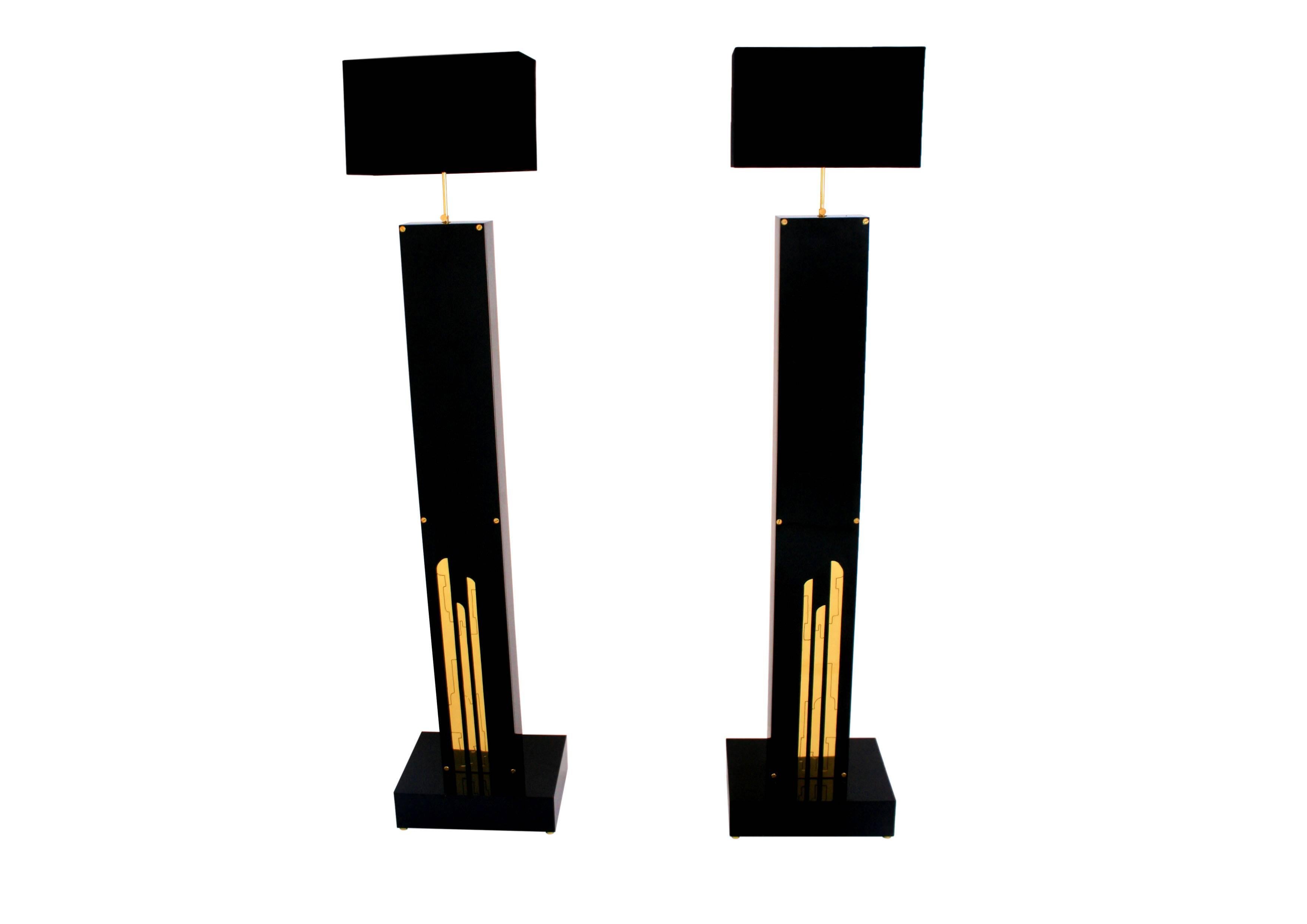 Hollywood Regency Unique Pair of Matching Brass Acid Etched Agate Floor Lamps by Felix de Boussy