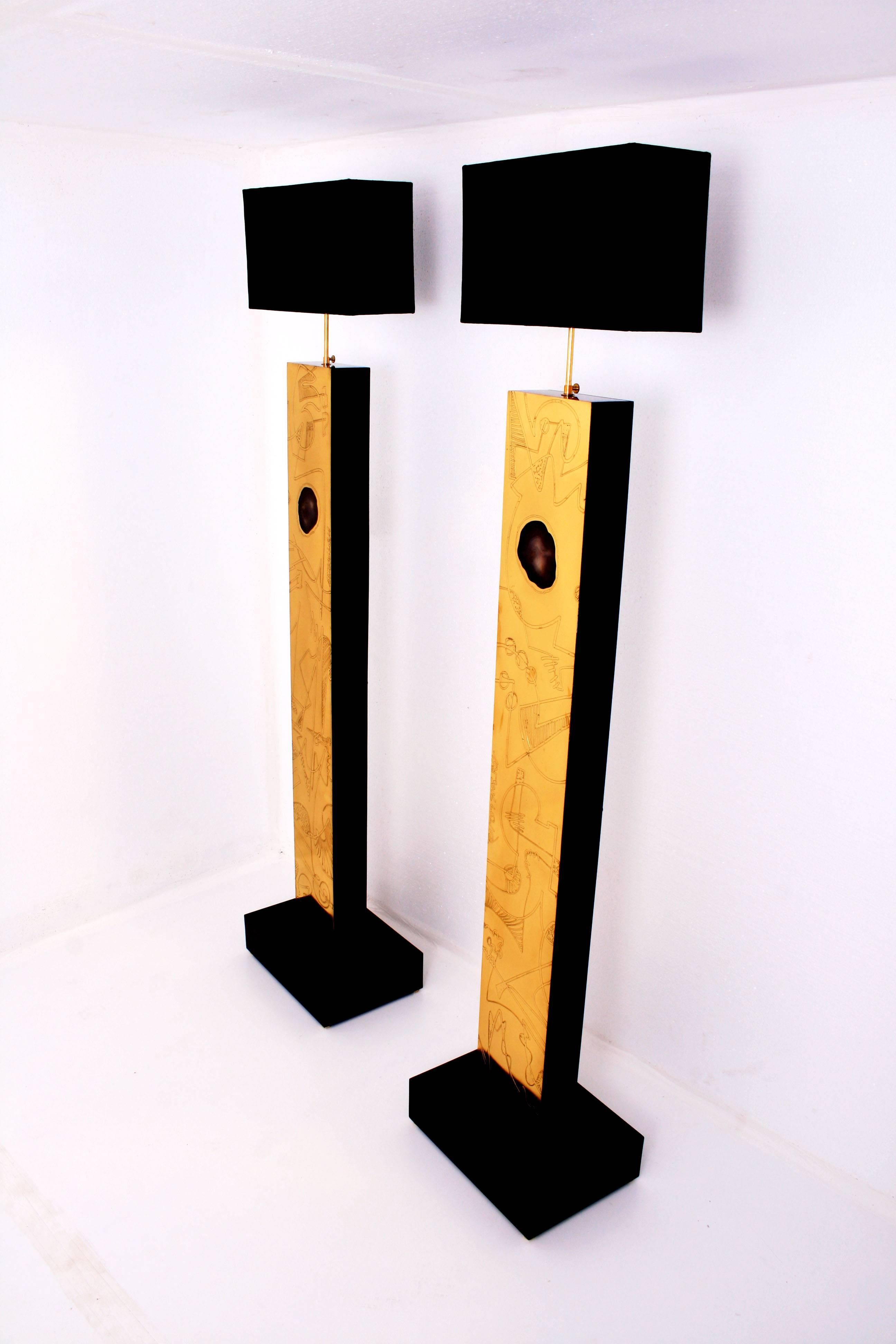 Unique Pair of Matching Brass Acid Etched Agate Floor Lamps by Felix de Boussy 1