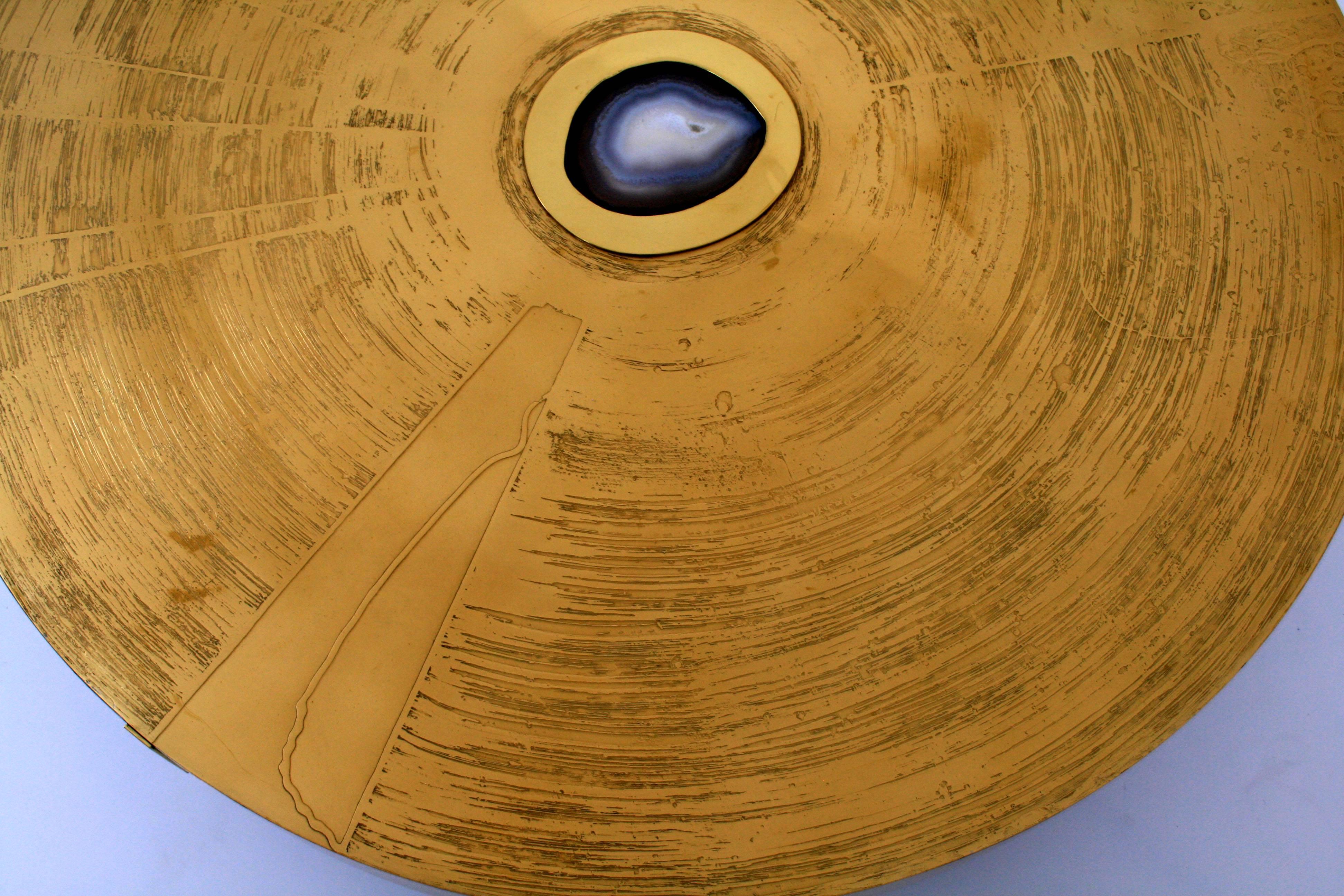 Belgian One of a Kind Round Acid Etched Cocktail Table with Agate Stone by LR Art, 1981