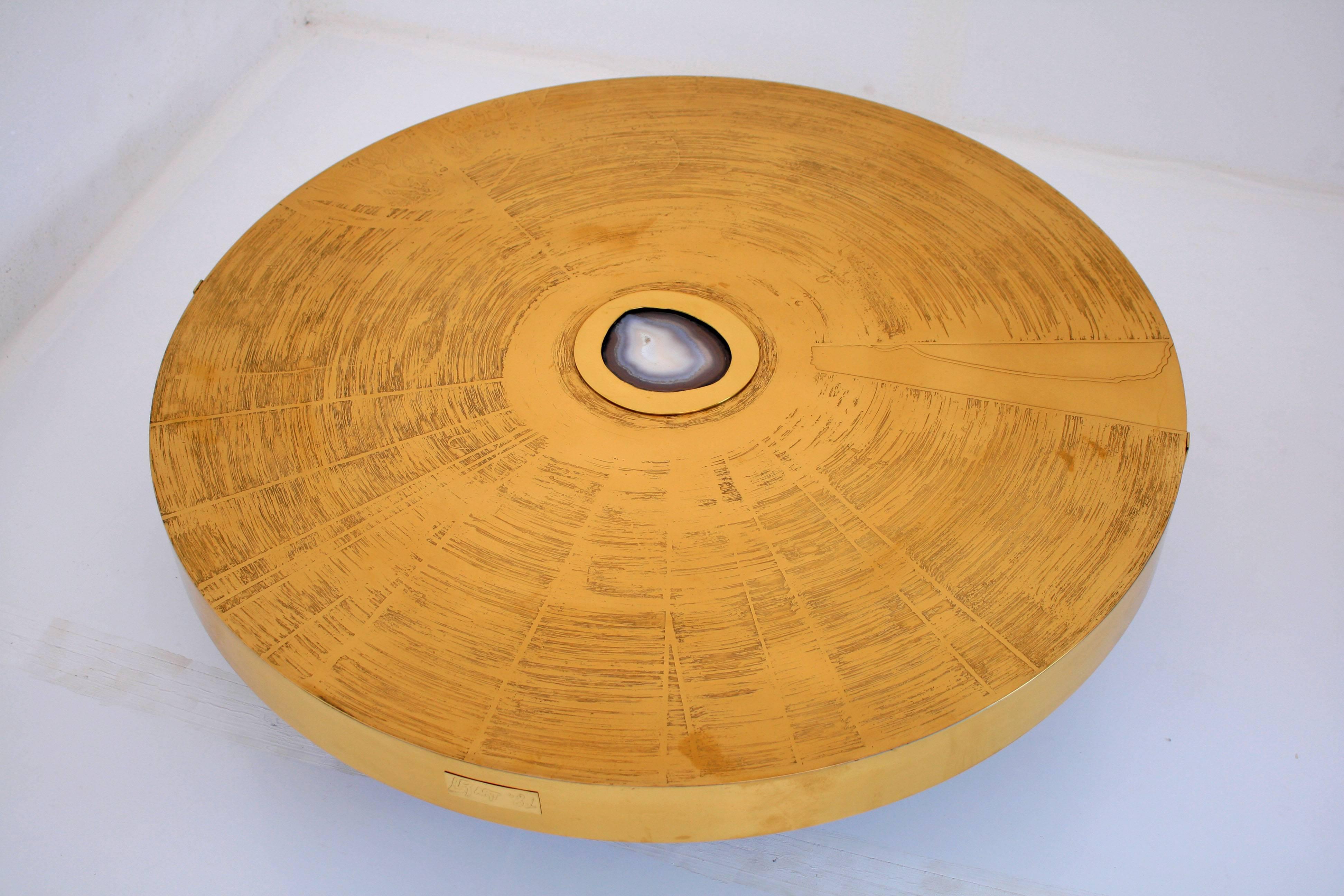 Mid-Century Modern One of a Kind Round Acid Etched Cocktail Table with Agate Stone by LR Art, 1981