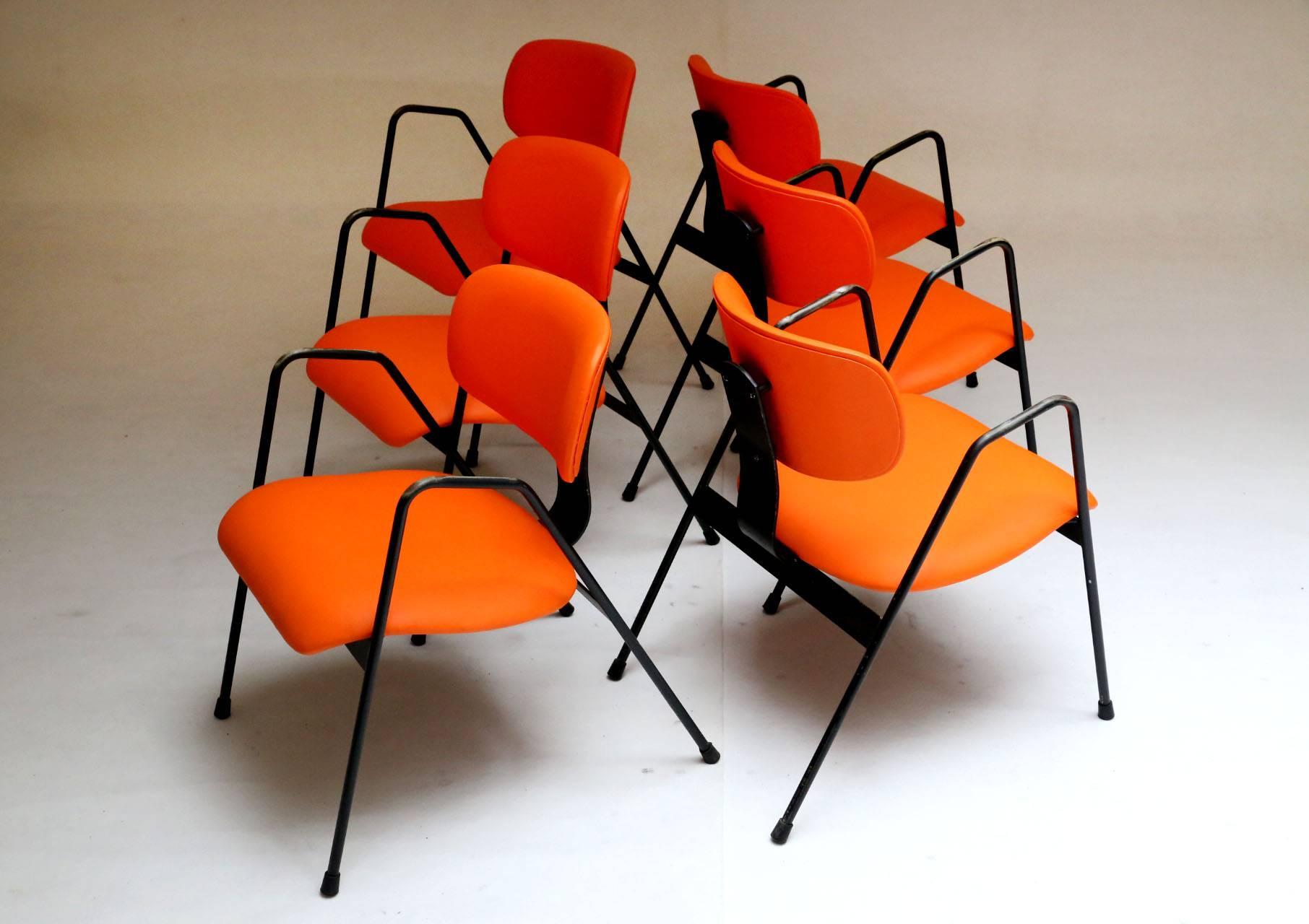 Mid-20th Century Six Orange Industrial Armchairs F1 by Willy Van Der Meeren for Tubax, Belgium