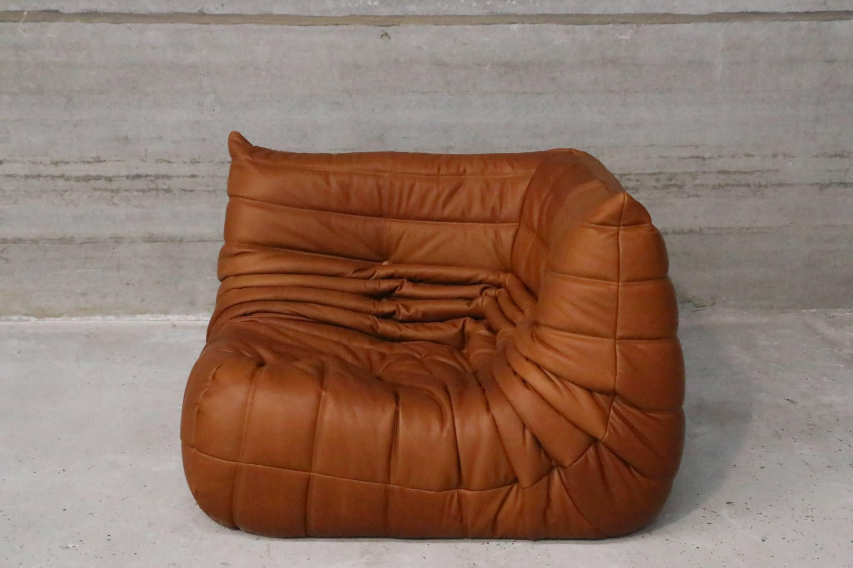 French Cognac Leather Ligne Roset Togo Sofa Set, Designed in 1973 by Michel Ducaroy