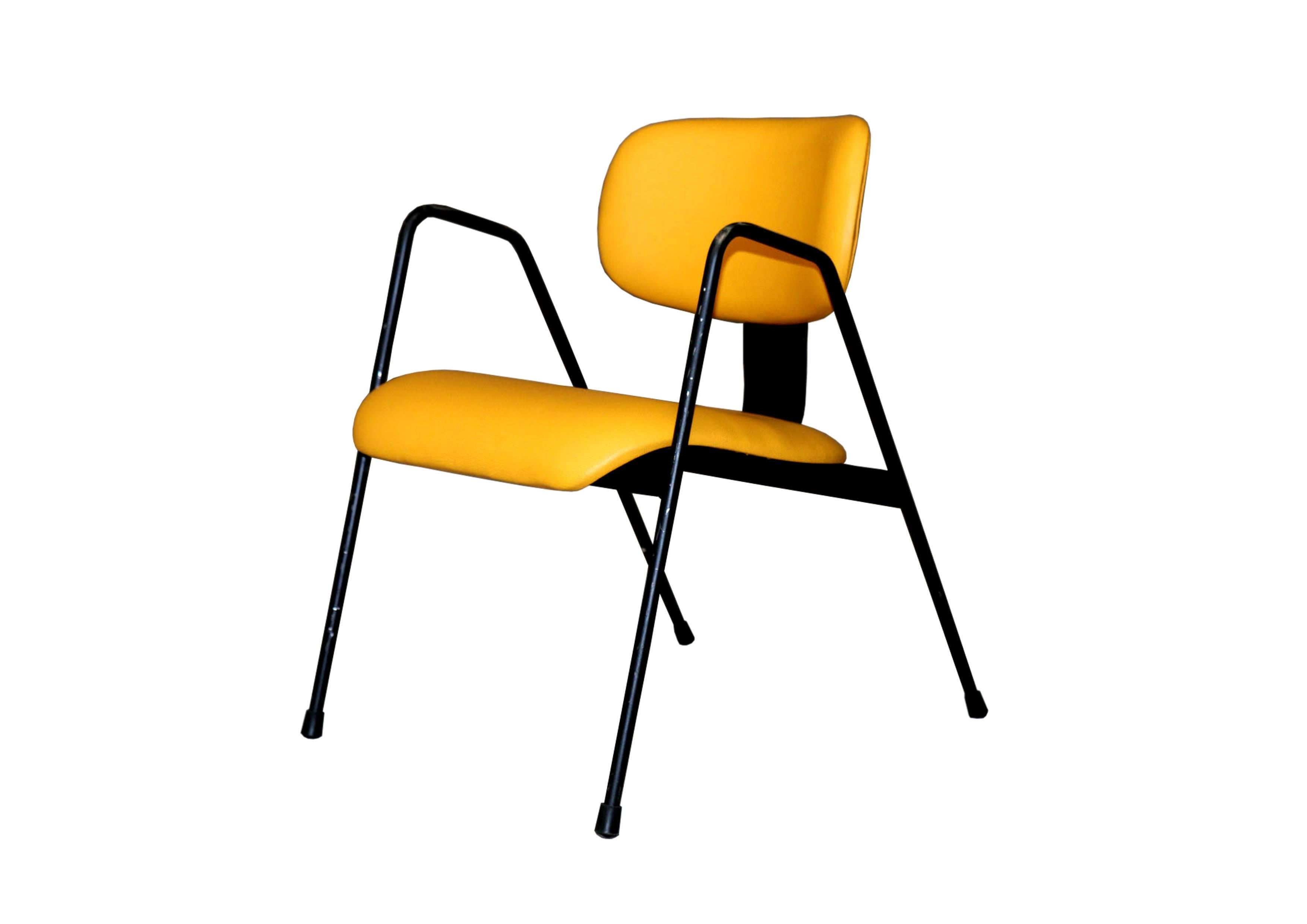 Willy Van Der Meeren F1 armchair for Tubax, Belgium, circa 1952. Six easy chairs enameled steel structure and yellow vinyl upholstery. The chairs have been reupholstered in our workshop. Also six orange vinyl F1 armchairs available. See other