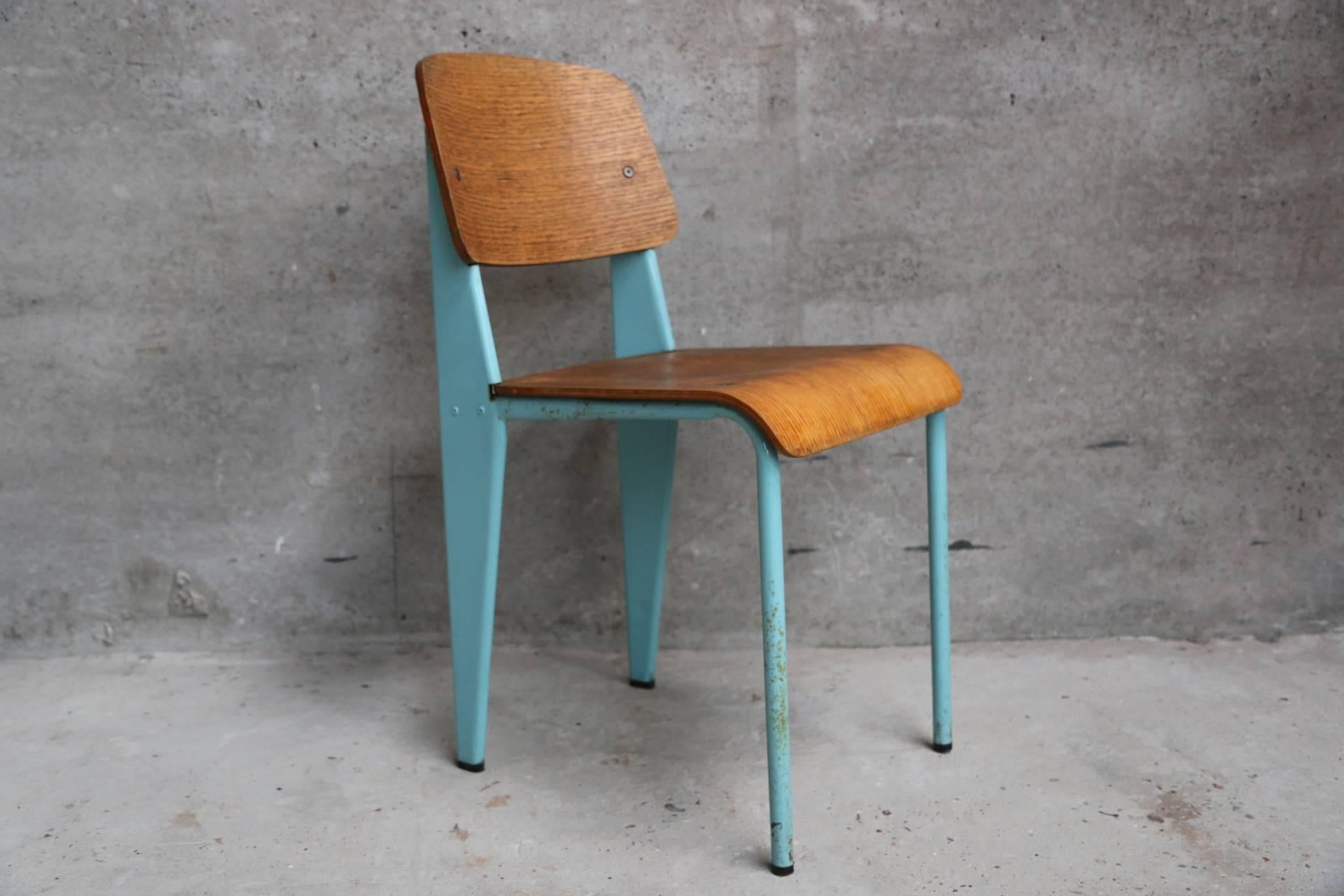 set of eight vintage Jean Prouve chairs in different colors all original, very rare and difficult to find a set of eight chairs like this. These chairs sell in auctions world wide for 5000-7000 euro a piece.

Model standard chair,.