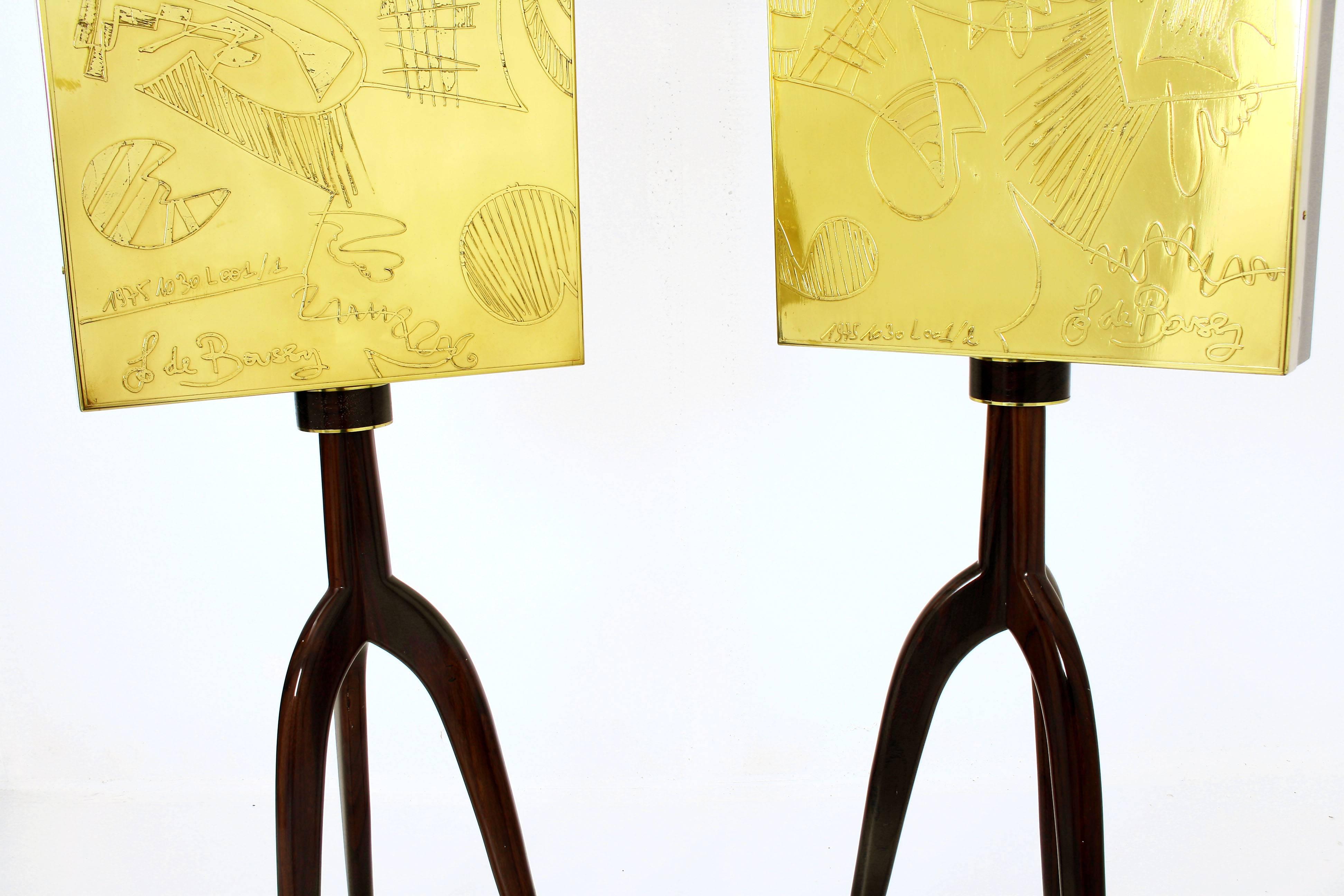 Belgian Tripod Floor Lamps with Etched Brass Abstract Panels and Agate Stones In Good Condition In Ostend, BE