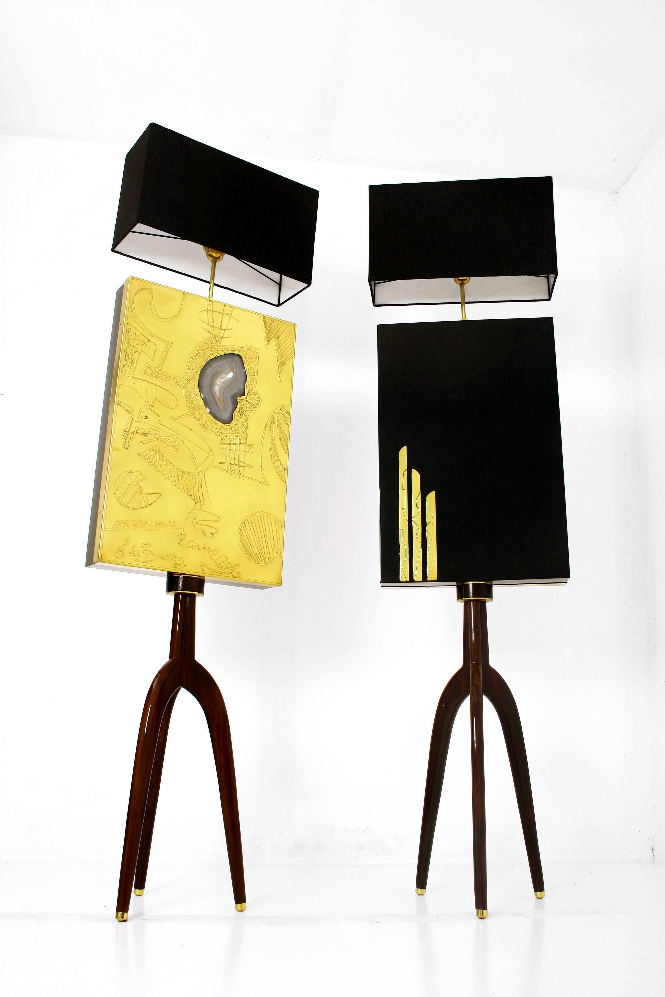 20th Century Belgian Tripod Floor Lamps with Etched Brass Abstract Panels and Agate Stones