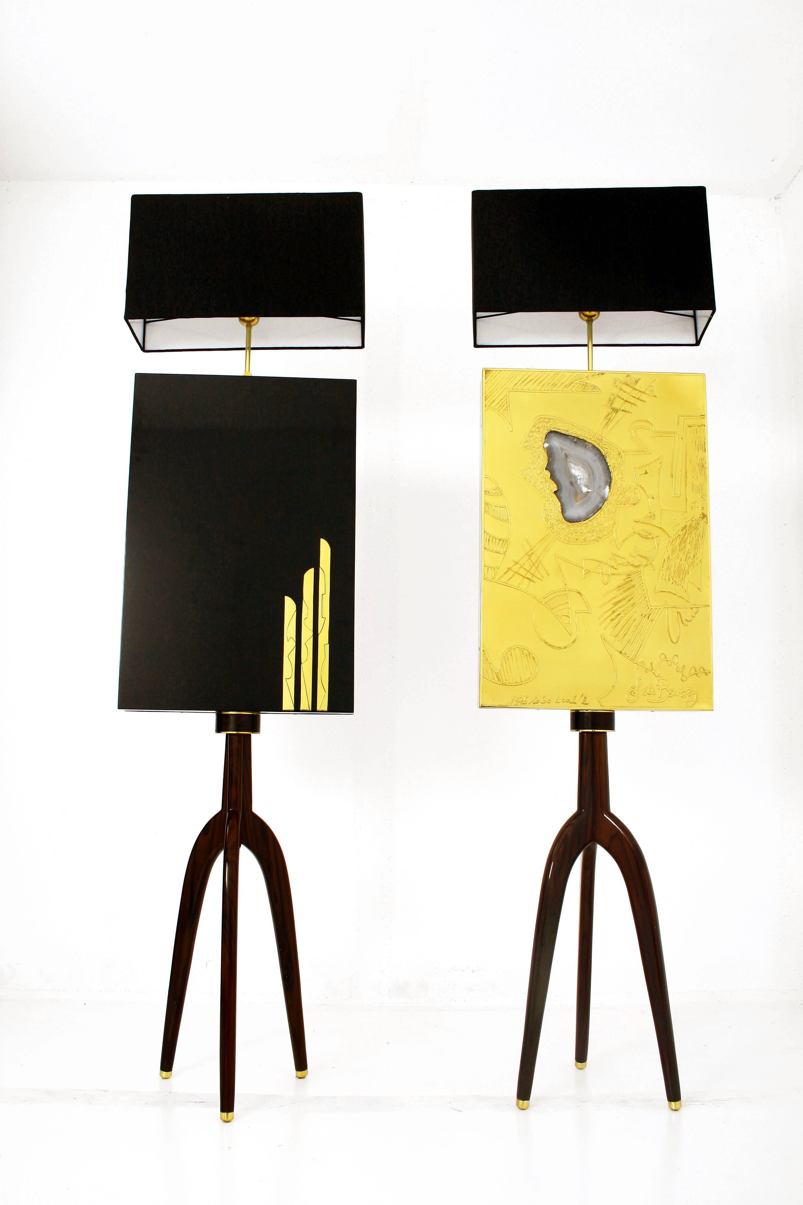 Belgian Tripod Floor Lamps with Etched Brass Abstract Panels and Agate Stones 1