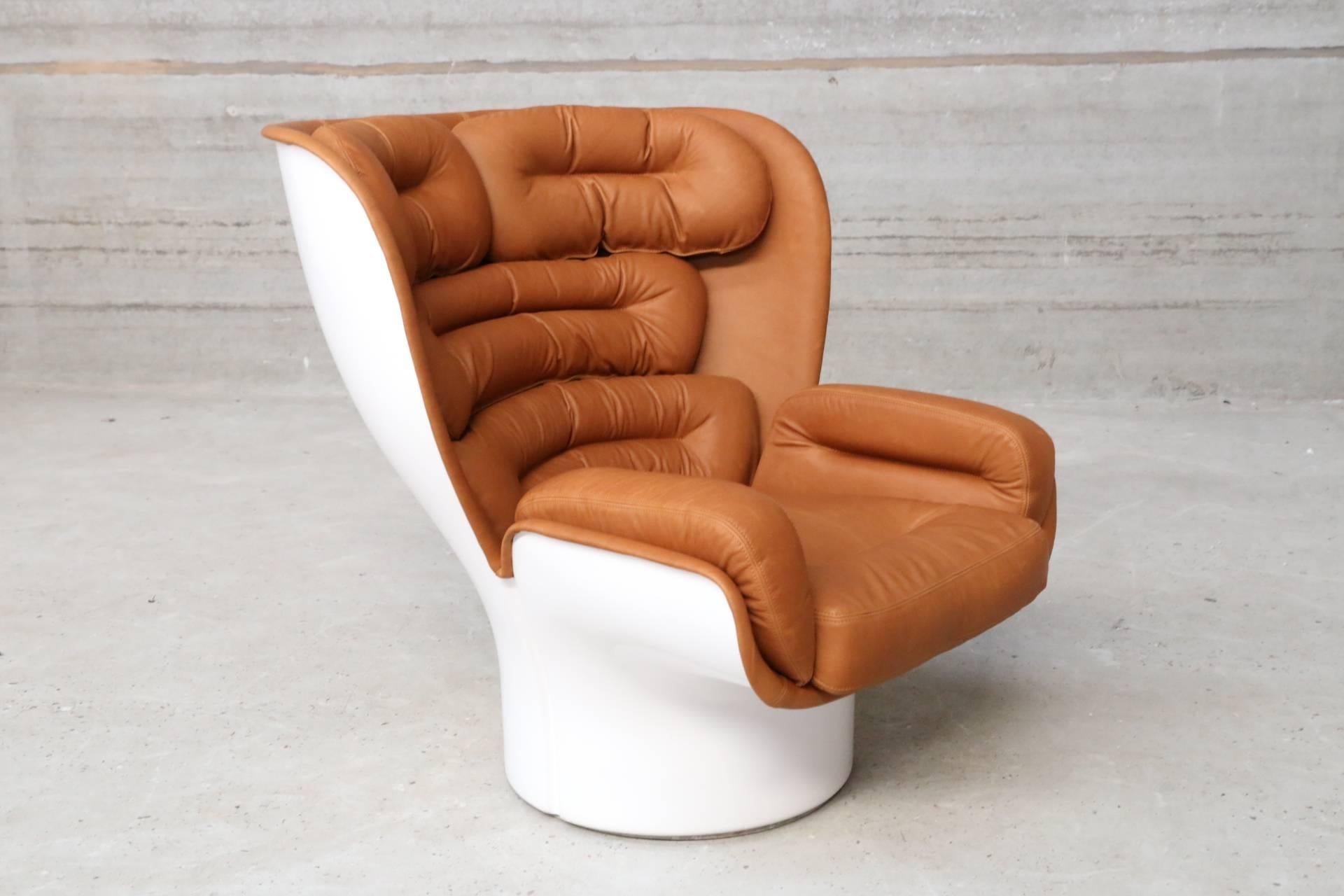 Mid-Century Modern Joe Colombo ELDA Chair Reupholstered in Cognac Aniline Leather