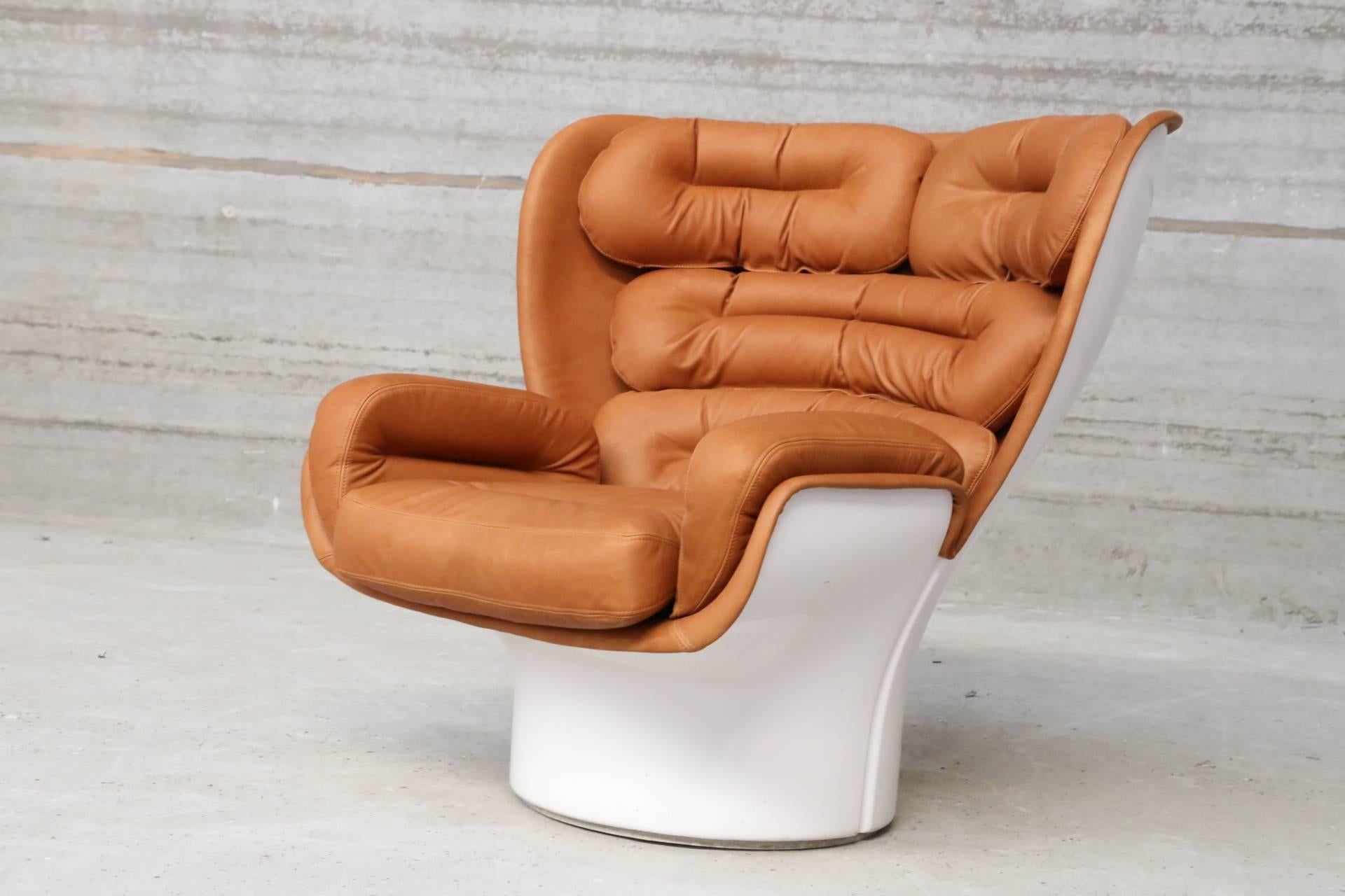 Joe Colombo ELDA Chair Reupholstered in Cognac Aniline Leather In Excellent Condition In Ostend, BE