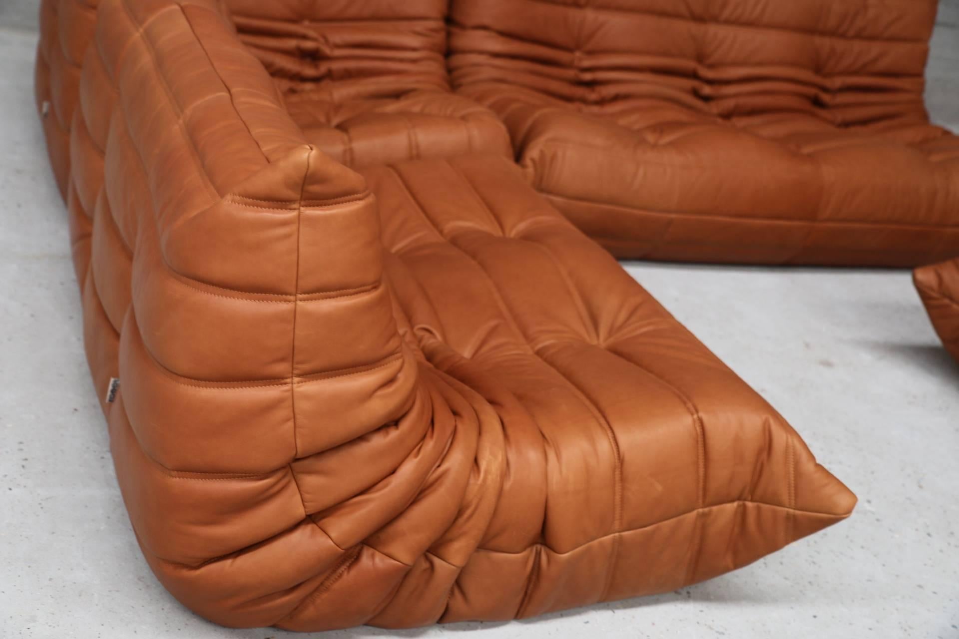 Mid-Century Modern Vintage Ligne Roset Togo Set Reupholstered in Vintage Cognac Leather