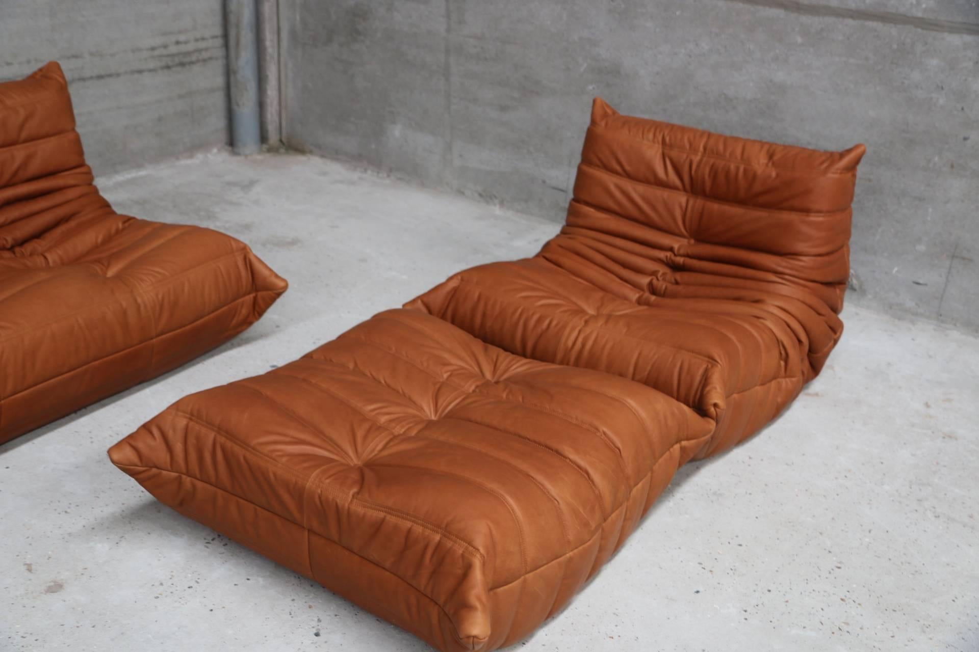 French Vintage Ligne Roset Togo Set Reupholstered in Vintage Cognac Leather