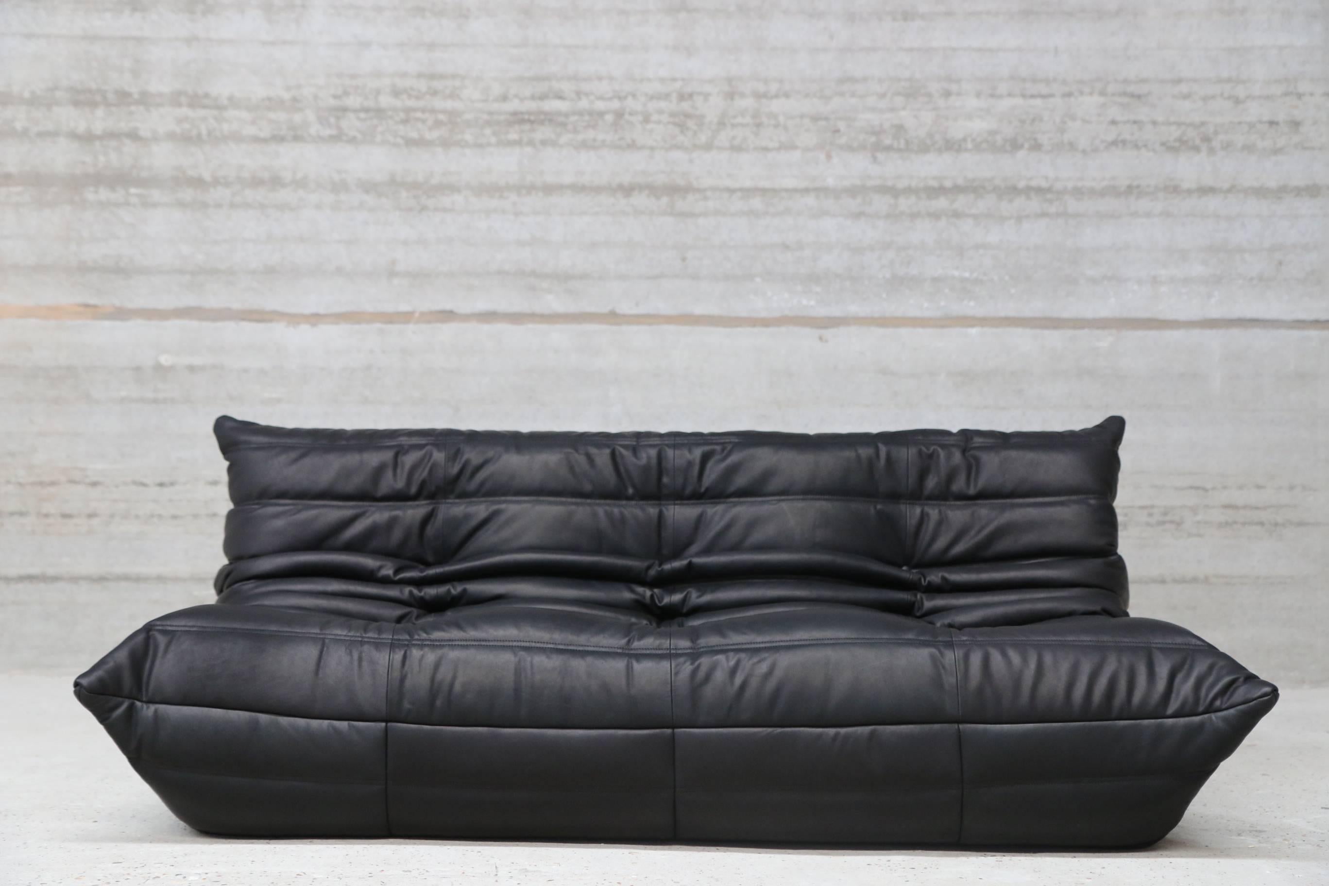 Mid-Century Modern Three-Seat Sofa, Michel Ducaroy for Ligne Roset France Model Togo Black Leather