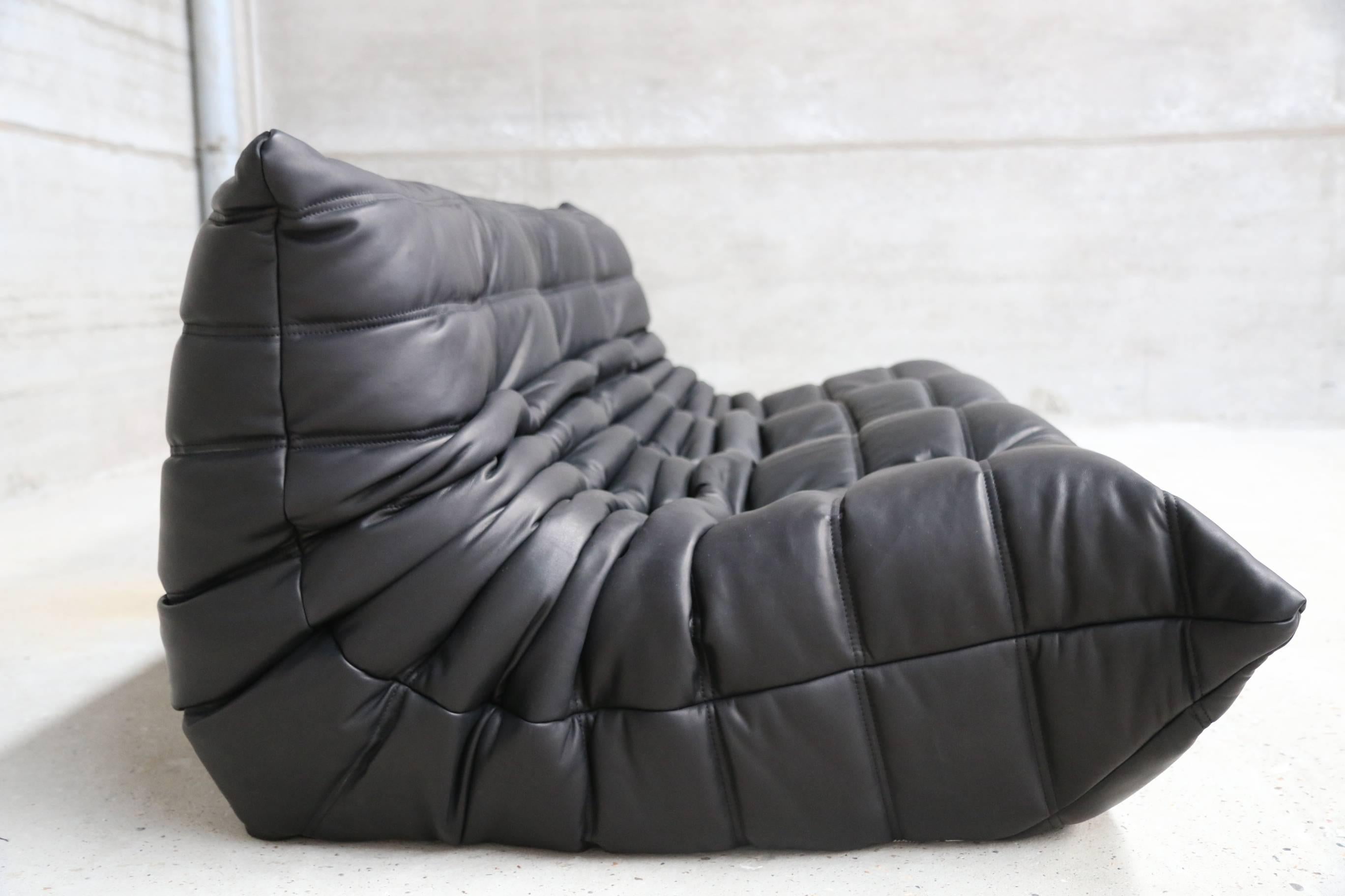 French Three-Seat Sofa, Michel Ducaroy for Ligne Roset France Model Togo Black Leather