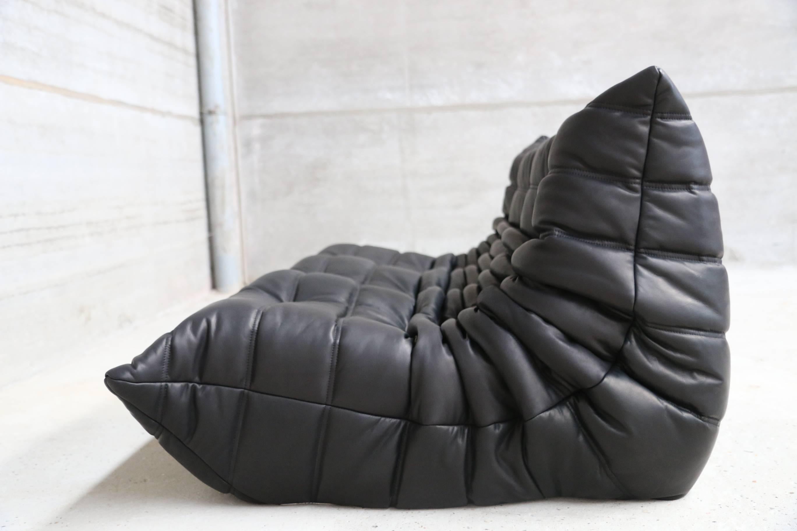 Three-Seat Sofa, Michel Ducaroy for Ligne Roset France Model Togo Black Leather 1