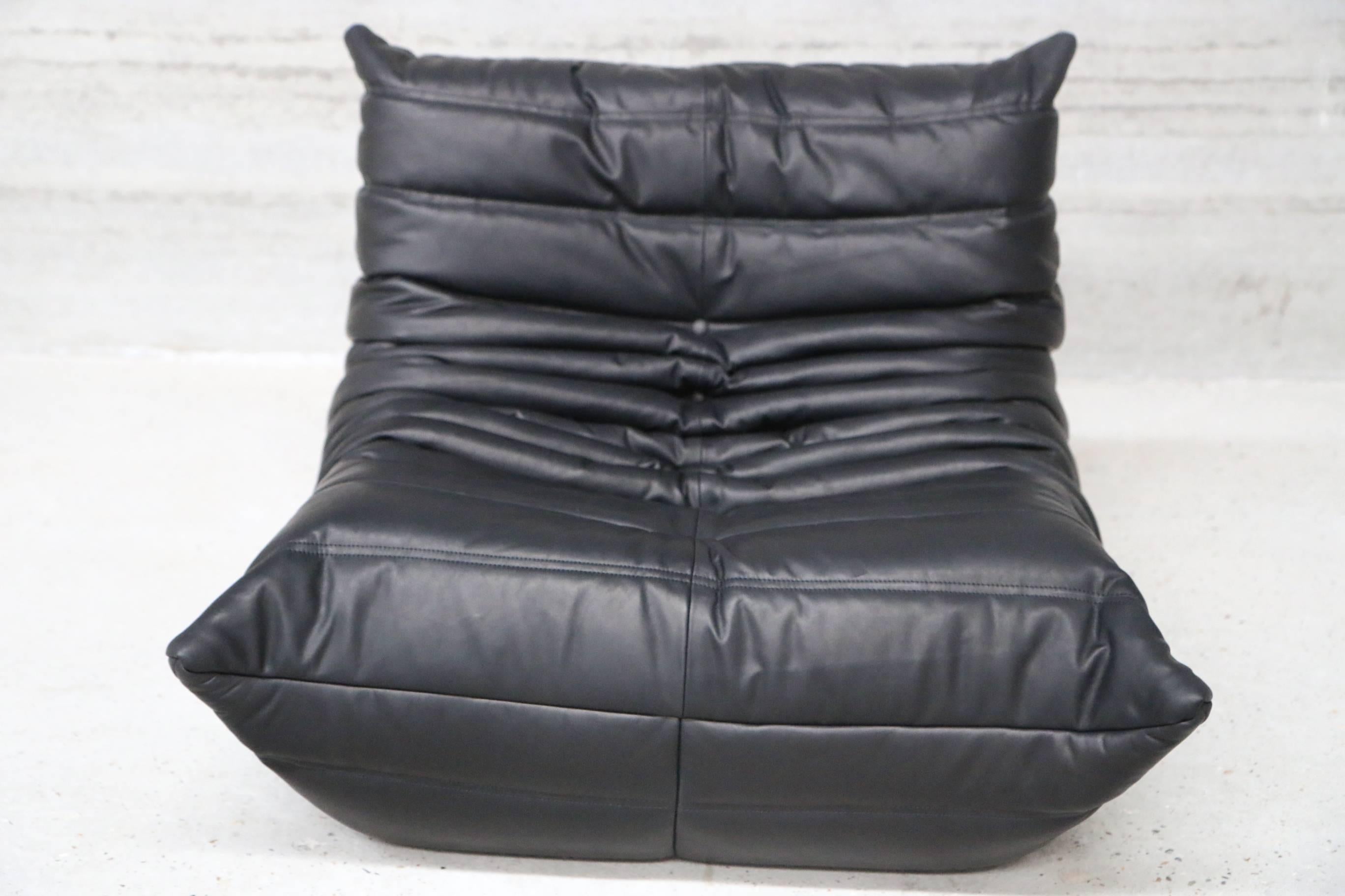 Mid-Century Modern Fireside Vintage Ligne Roset Togo Leather Lounge Chair in Black Leather