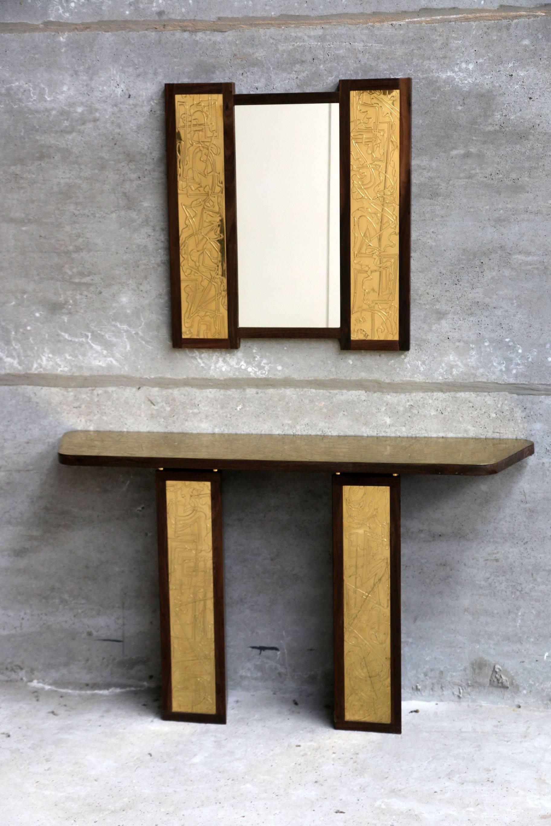 Mirror and console by Studio Belgali, handmade acid etched brass, one of a kind.