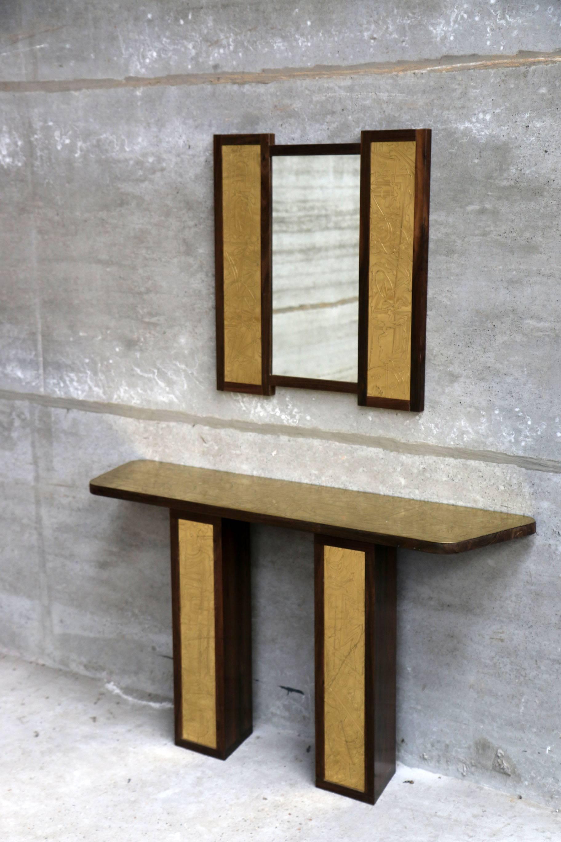 Hollywood Regency Solid Rosewood and Etched Brass Console and Mirror by Studio Belgali For Sale