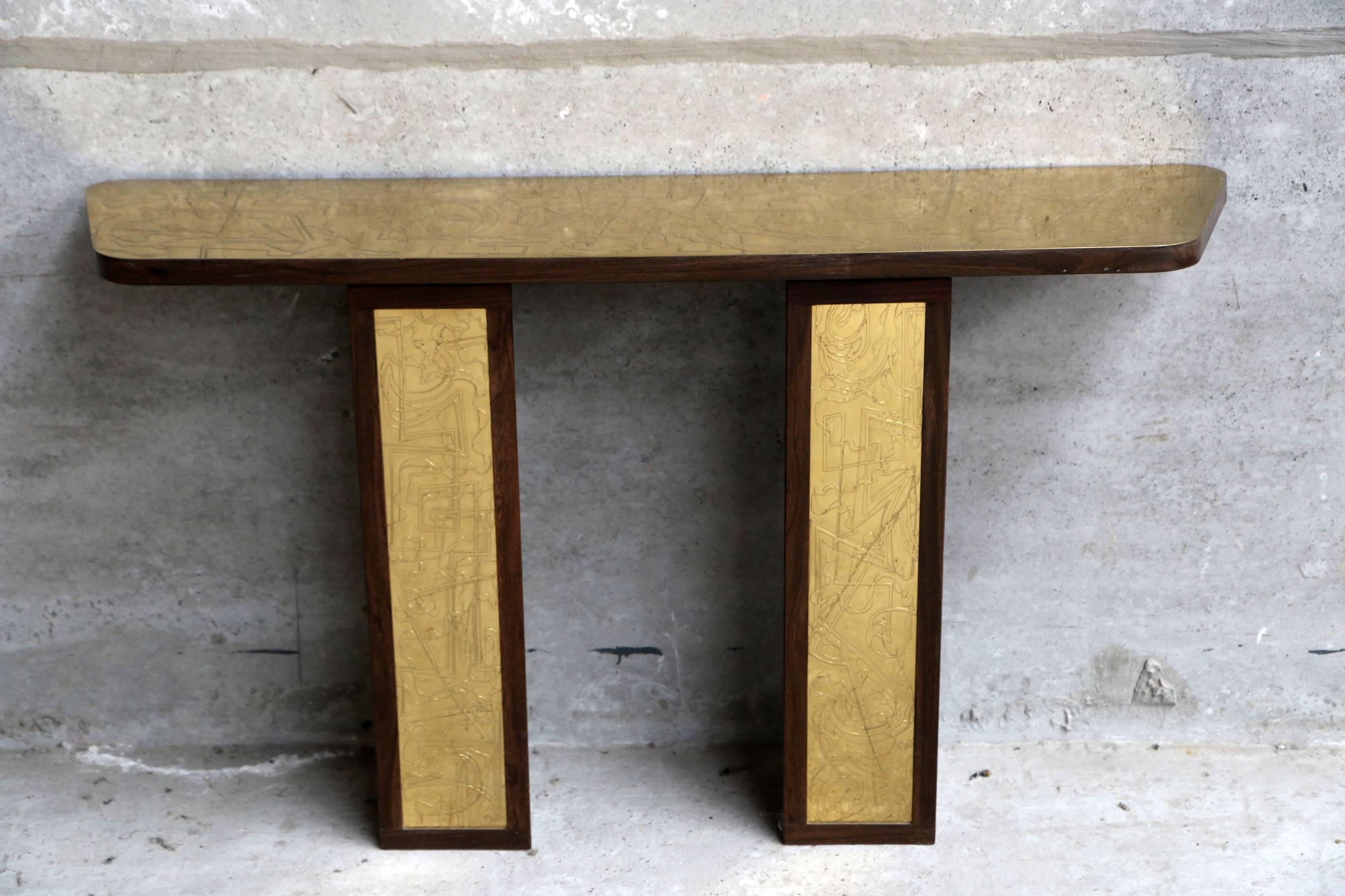 Belgian Solid Rosewood and Etched Brass Console and Mirror by Studio Belgali For Sale