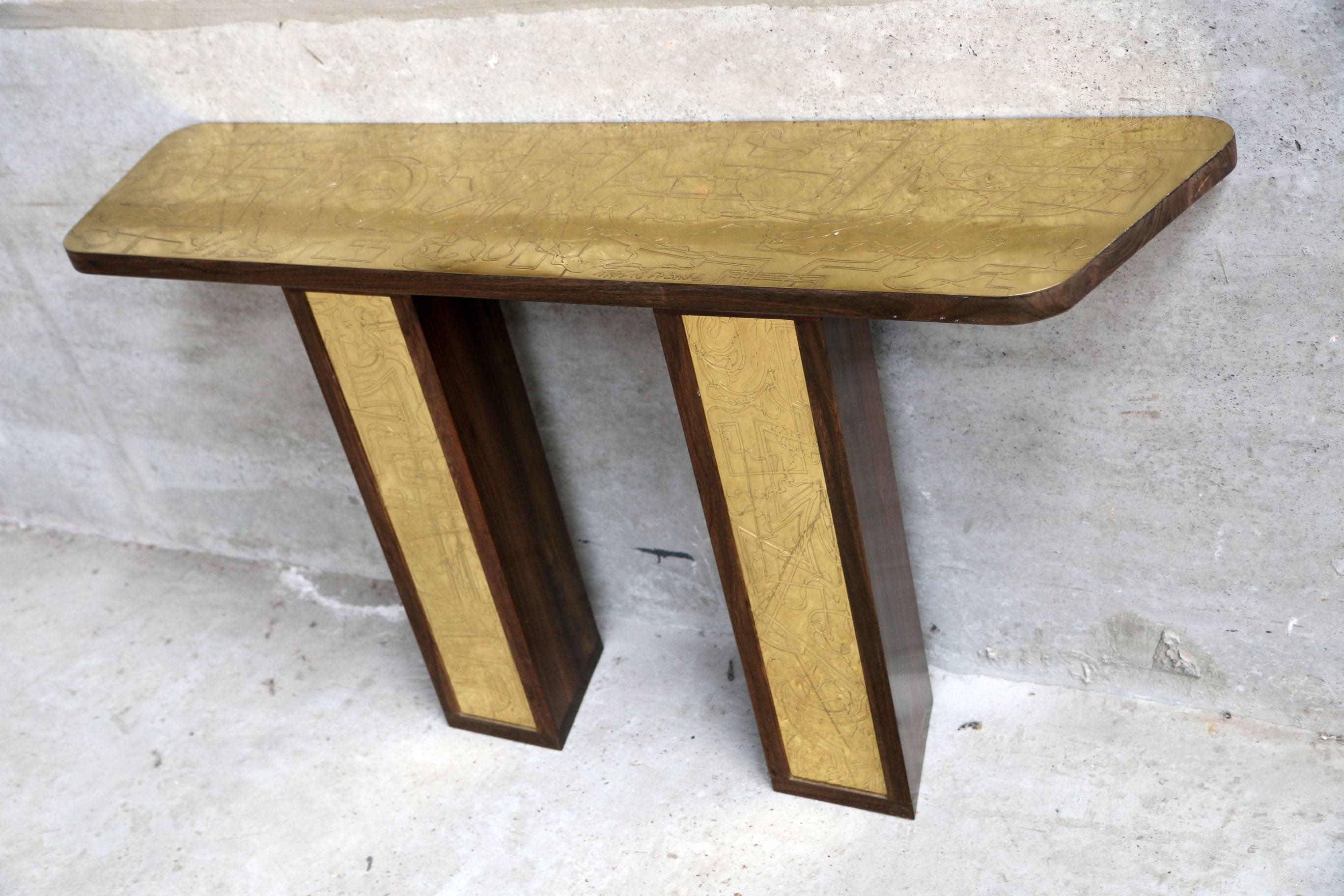 Contemporary Solid Rosewood and Etched Brass Console and Mirror by Studio Belgali For Sale