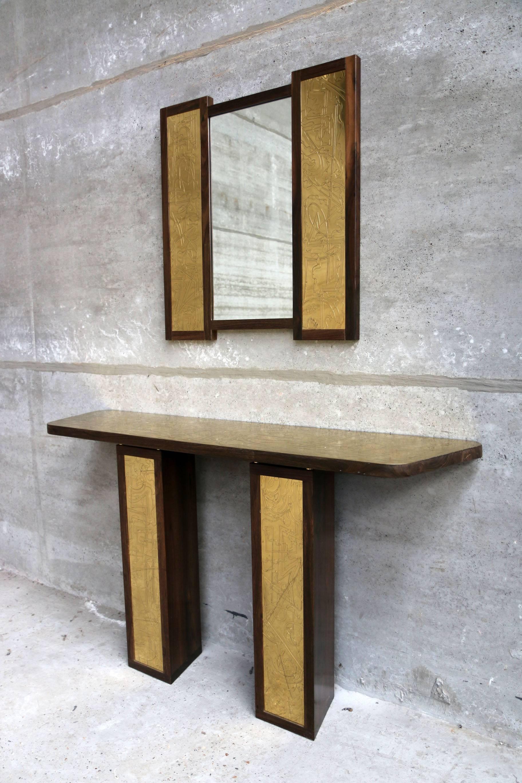 Solid Rosewood and Etched Brass Console and Mirror by Studio Belgali For Sale 1