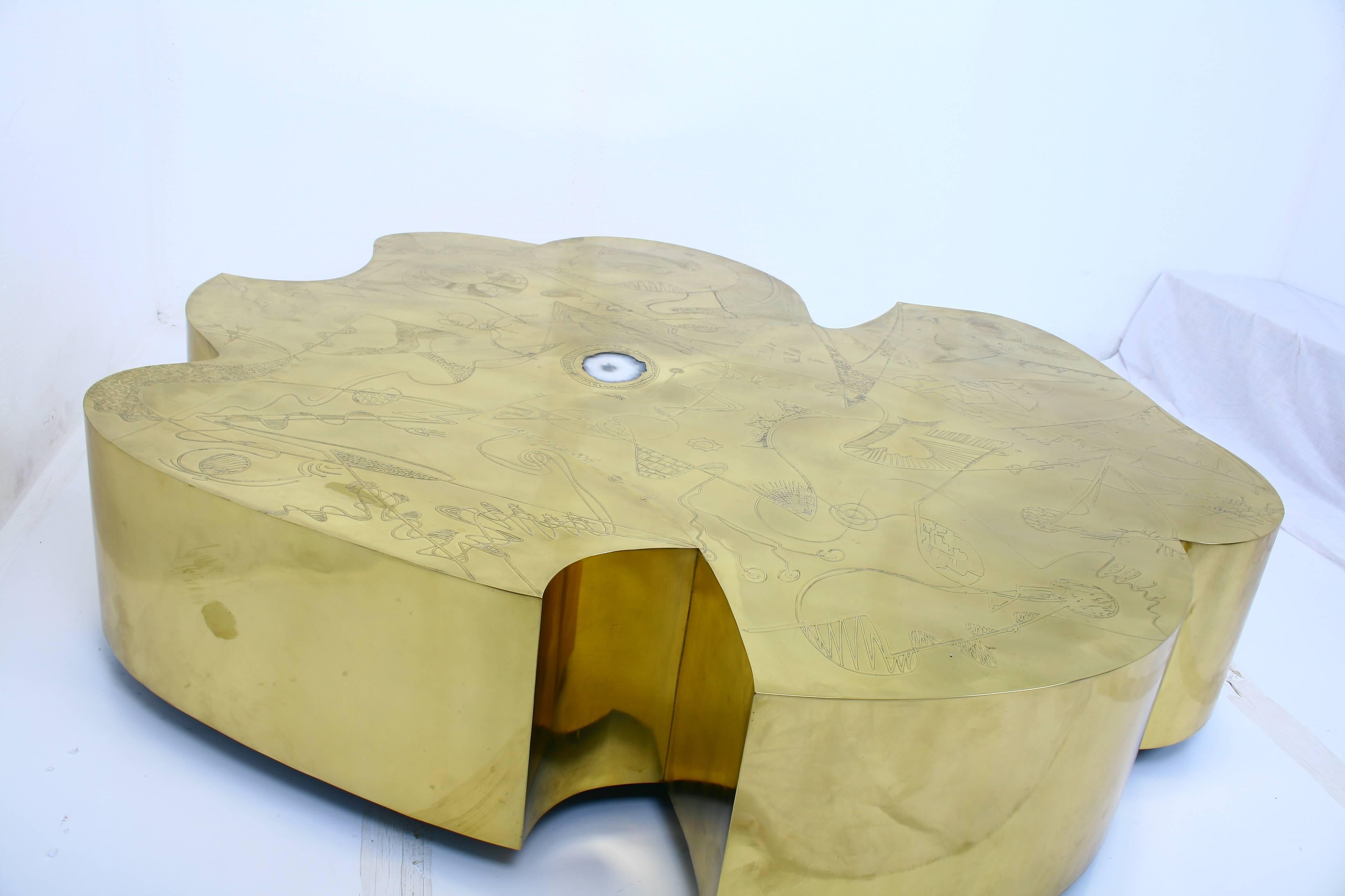 Mid-Century Modern Gigantic Acid Etched Organic Flower Brass Coffee Table for Studio Belgali