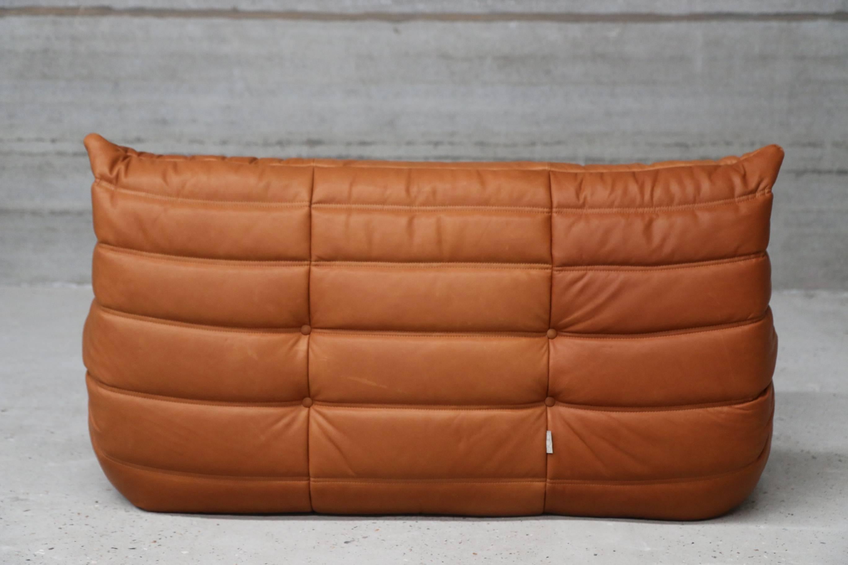 Mid-Century Modern Loveseat Togo by Michel Ducaroy for Ligne Roset in Full Grain Cognac Leather