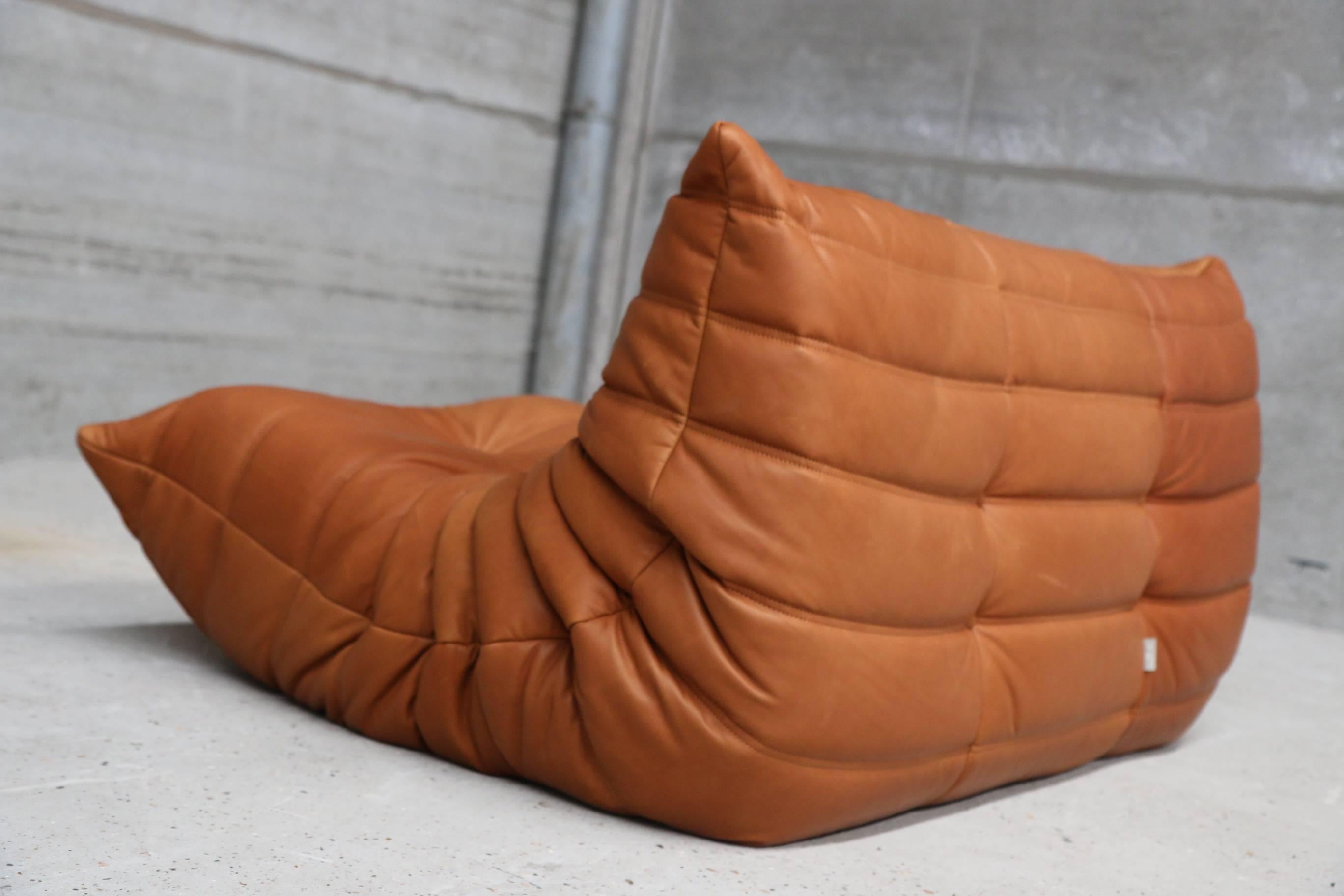 French Loveseat Togo by Michel Ducaroy for Ligne Roset in Full Grain Cognac Leather