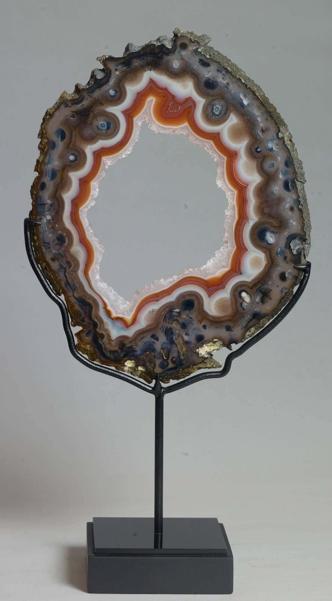 18th Century and Earlier Beautiful Agate Slice with Clear Quartz Crystals For Sale