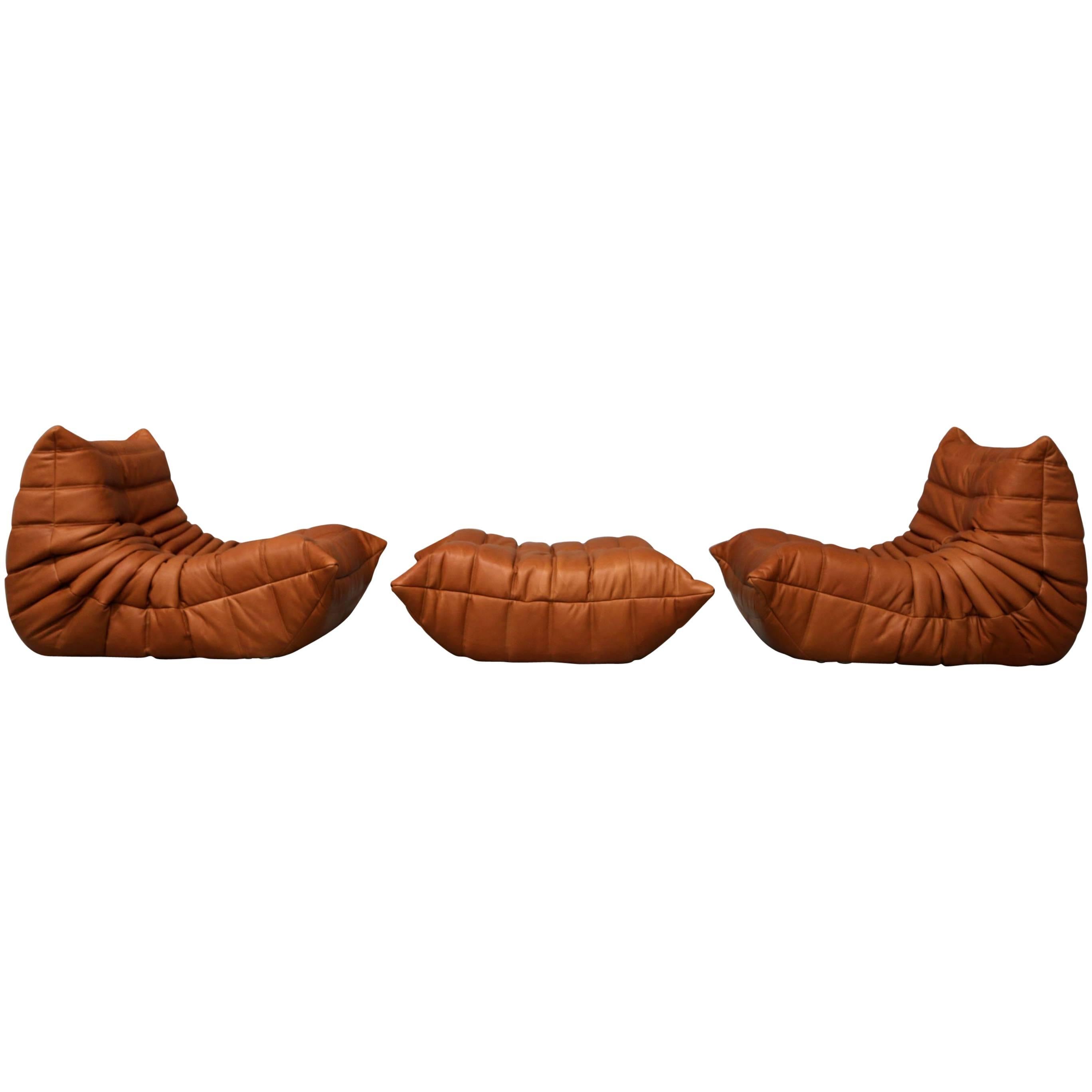 Pair of Vintage Ligne Roset Togo Leather Lounge Chairs with Pouf, France