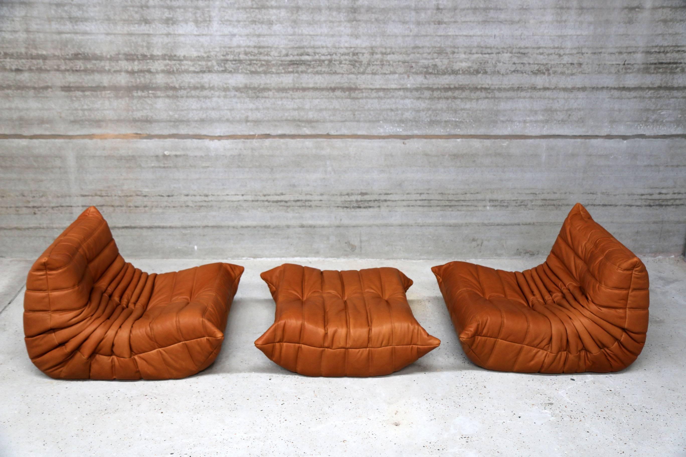 Mid-Century Modern Pair of Vintage Ligne Roset Togo Leather Lounge Chairs with Pouf, France