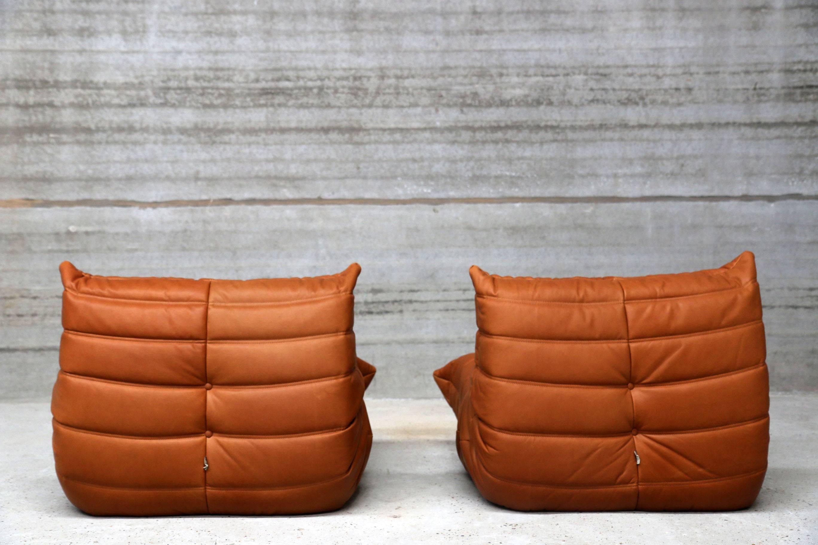 French Pair of Vintage Ligne Roset Togo Leather Lounge Chairs with Pouf, France