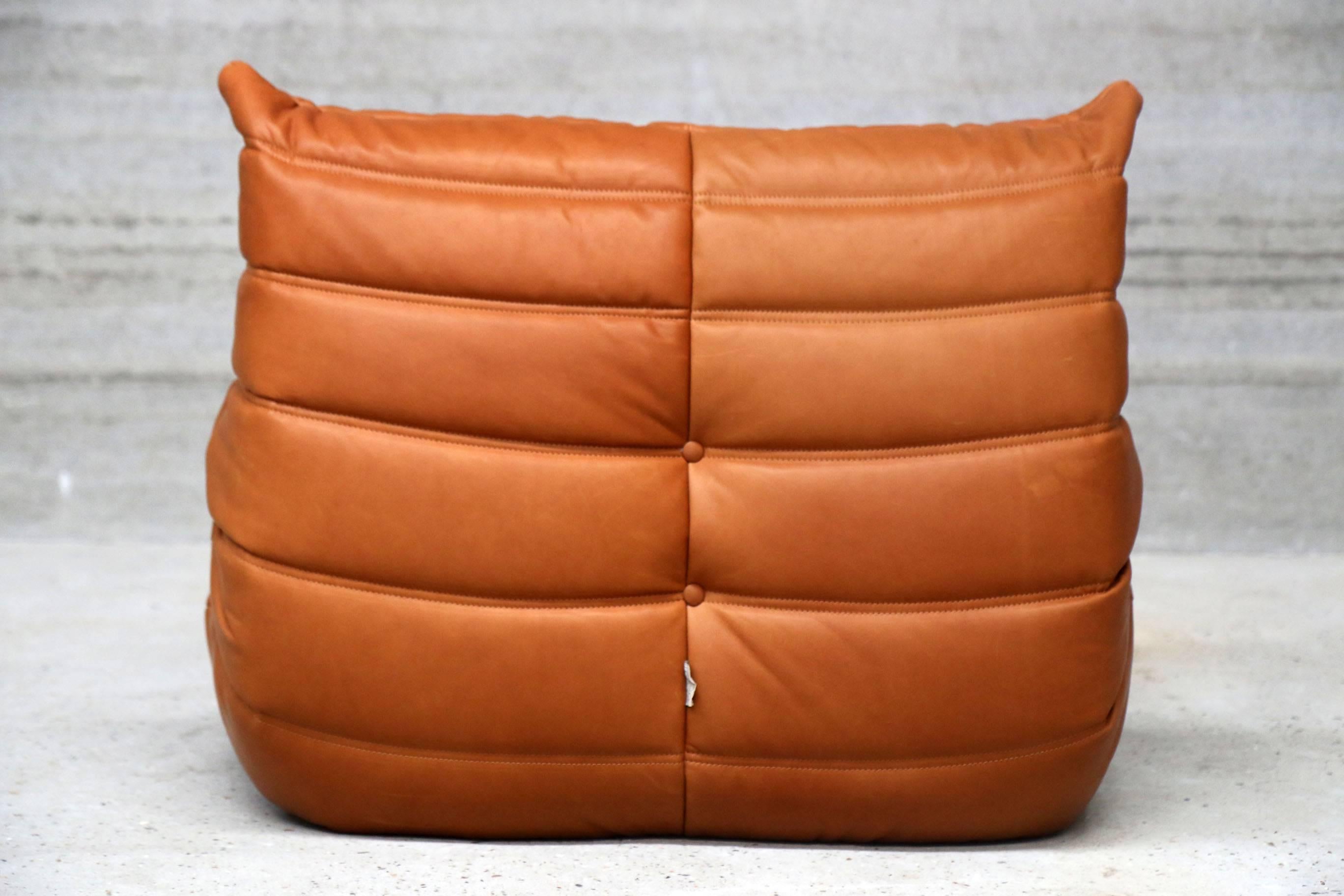 Pair of Vintage Ligne Roset Togo Leather Lounge Chairs with Pouf, France 2