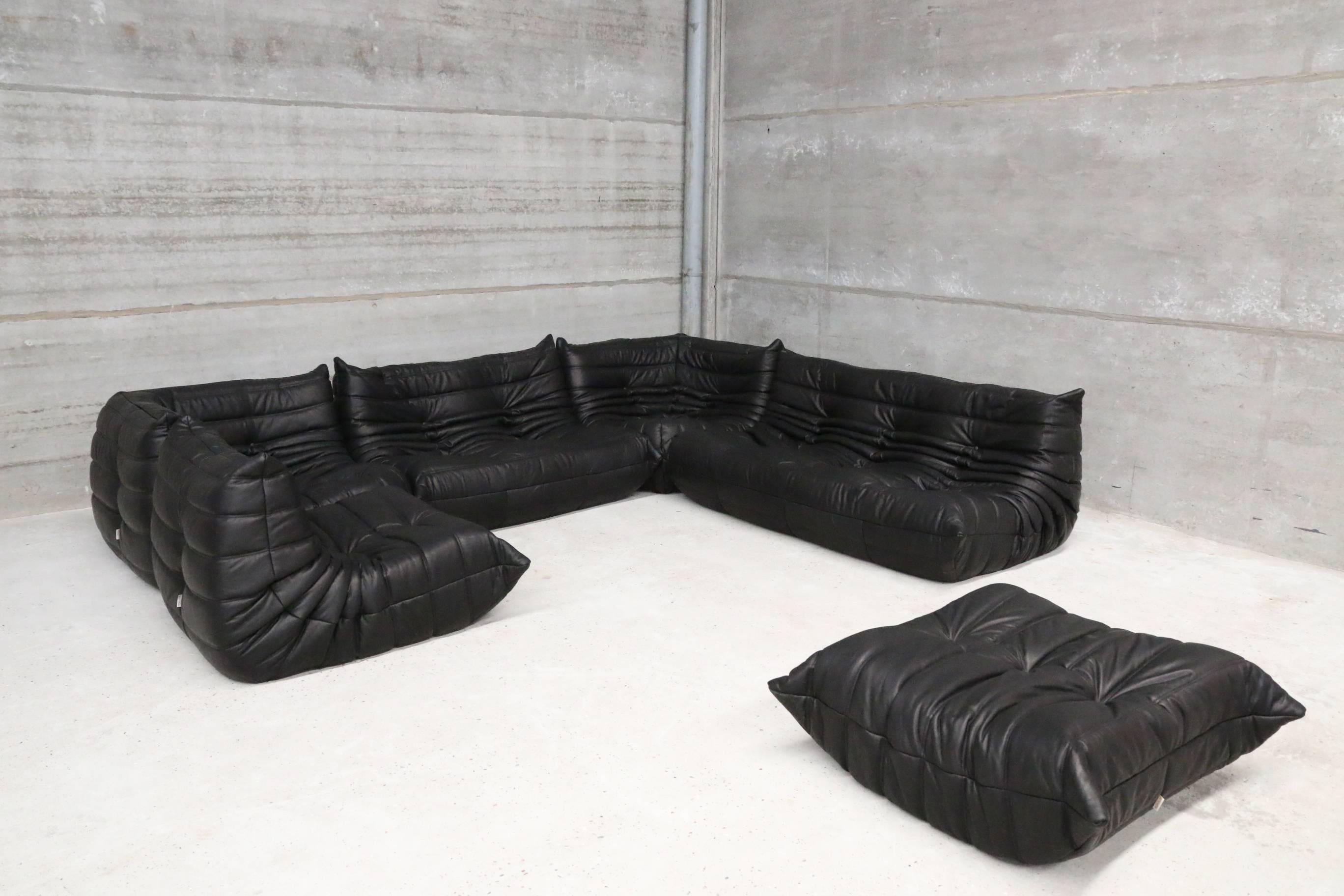 Mid-Century Modern Extra Large Set Togo Ligne Roset Re-Upholstered in Black Full Grain Leather