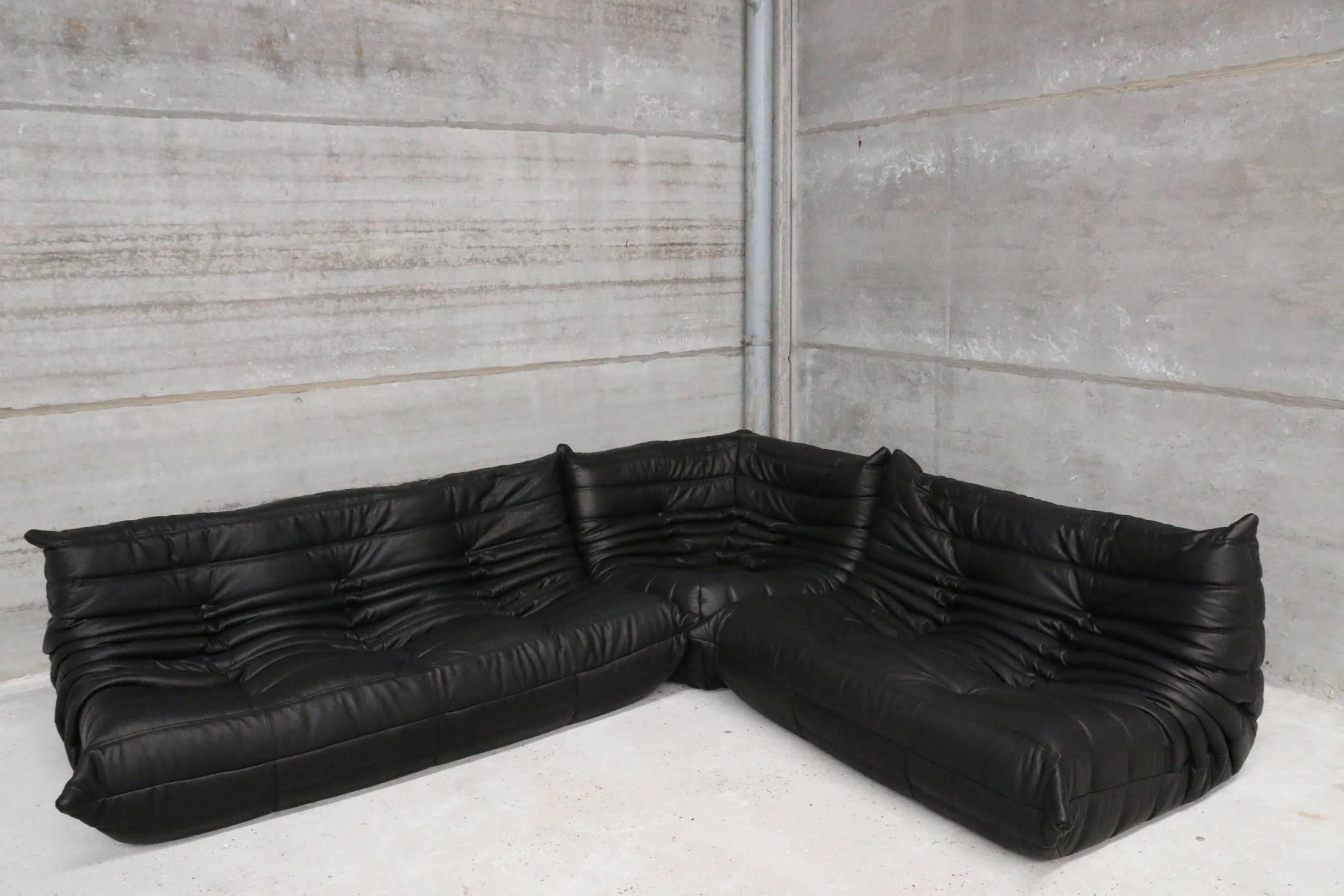 French Extra Large Set Togo Ligne Roset Re-Upholstered in Black Full Grain Leather