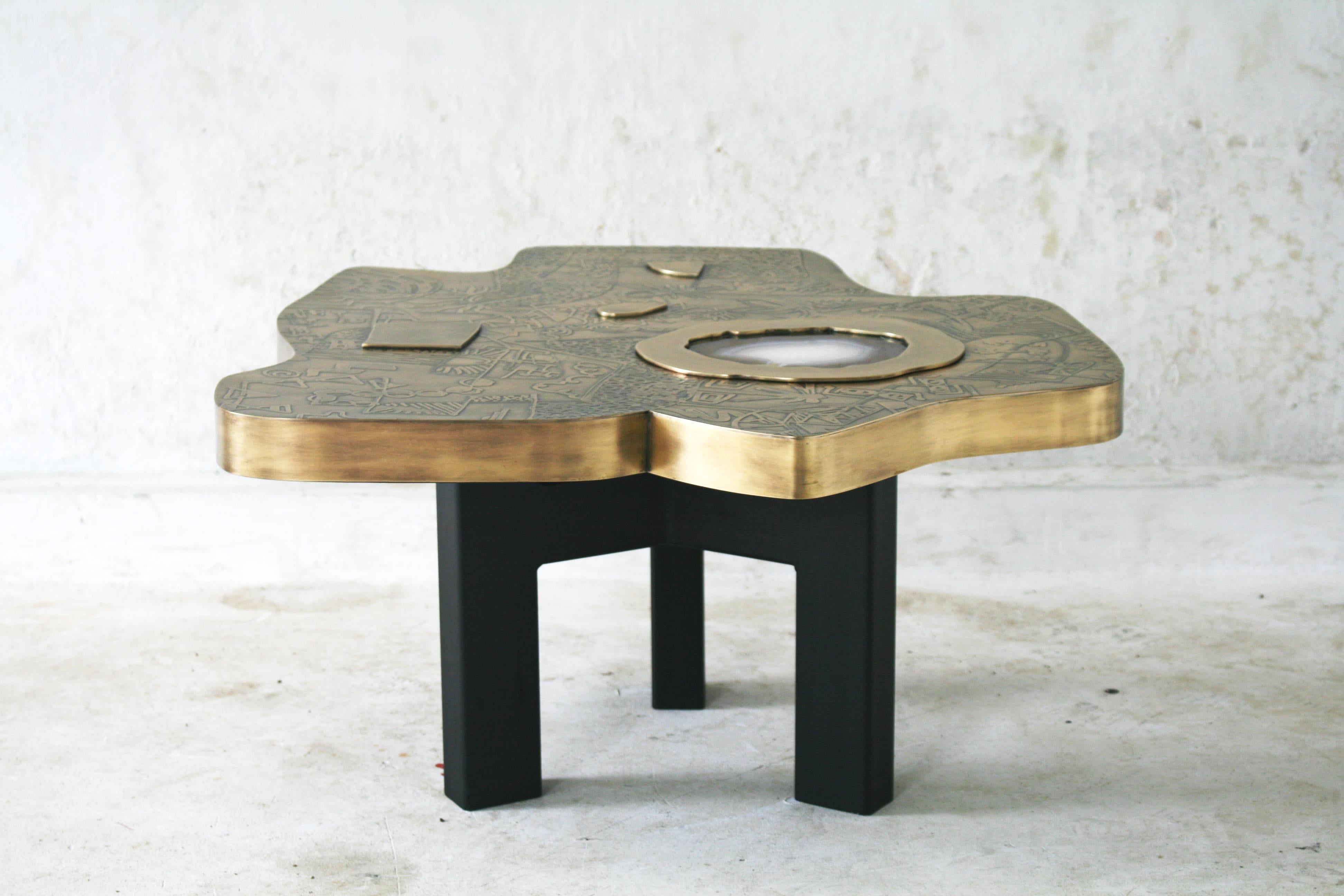 Belgian Two Matching Coffee Tables, Patinated Acid Etched Brass and Agate Slices For Sale