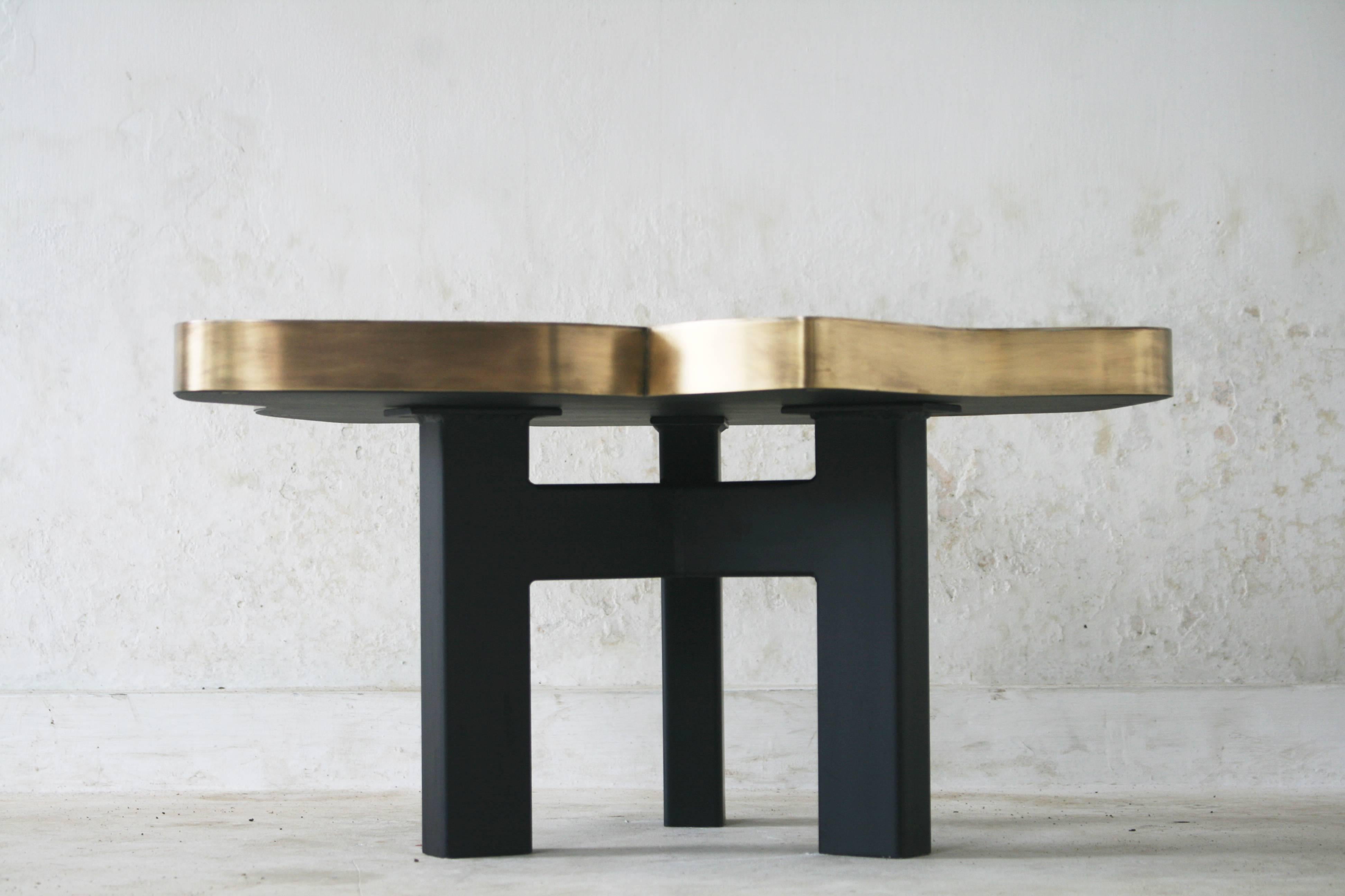 Contemporary Two Matching Coffee Tables, Patinated Acid Etched Brass and Agate Slices For Sale